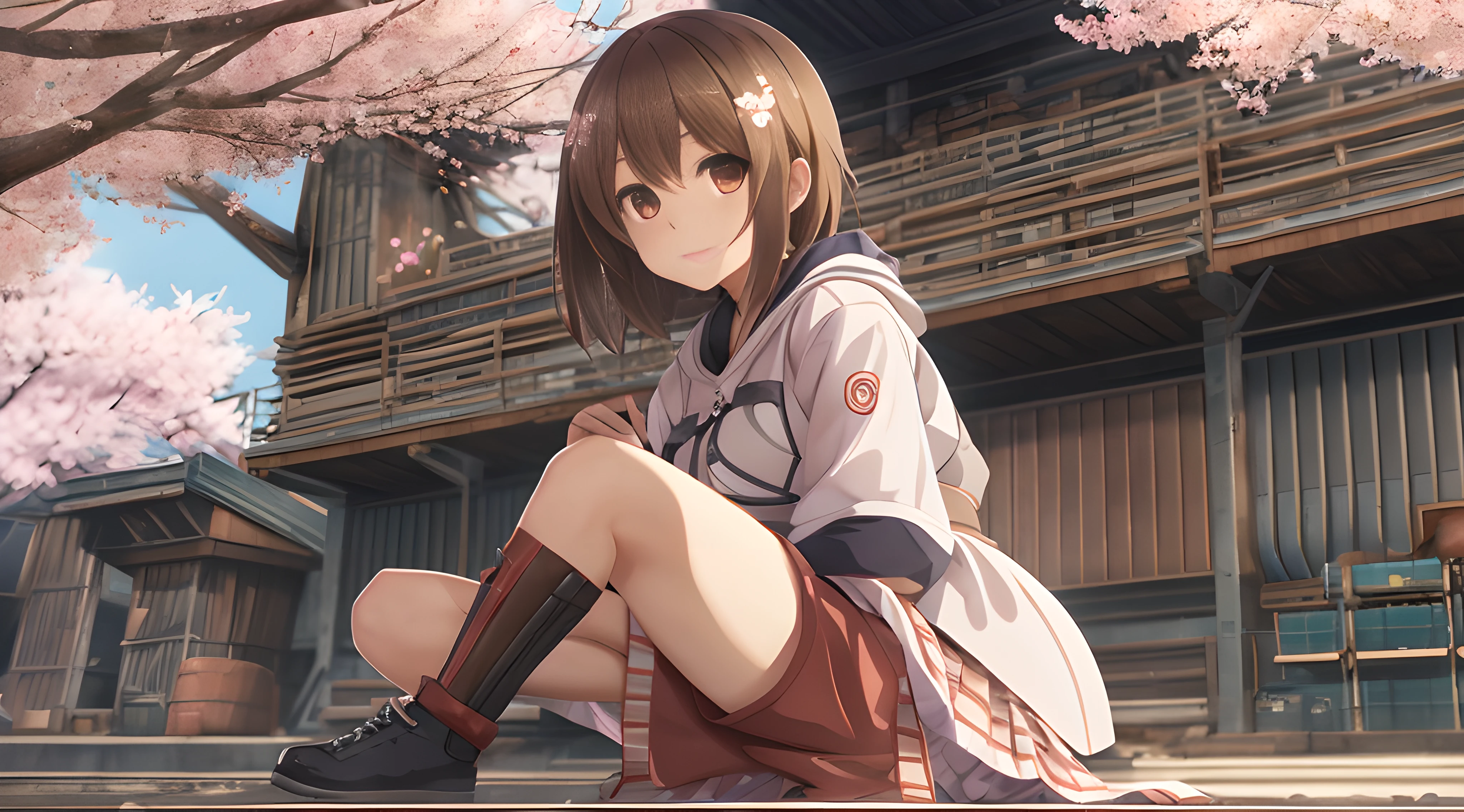 (Best Quality), (8K), (Detailed background), factories, Brown eyes, Upper body, Komono, cherryblossom, a macro giantess, beautiful anime girl squatting, der riese,