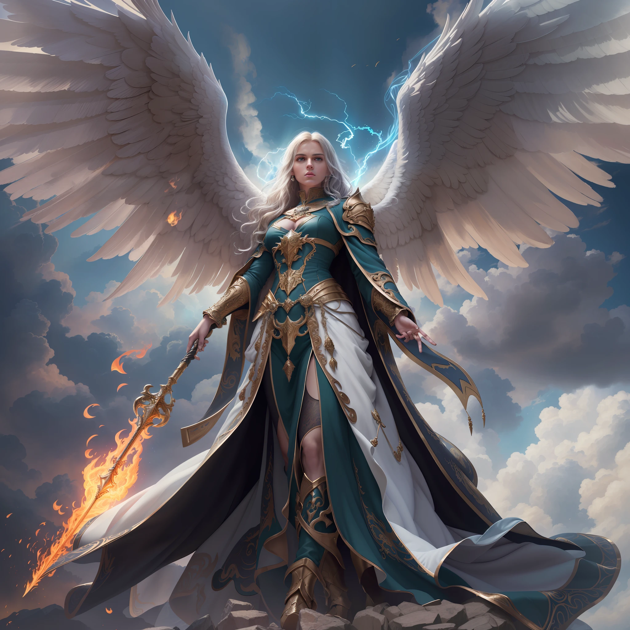 8k, ultra detailed, masterpiece, best quality, (extremely detailed), arafed, dnd art, panoramic view, full body, aasimar cleric casting a flaming spell,  aasimar, female, (Masterpiece 1.3, intense details), female, cleric, holy warrior, casting radiant spell, divine spell (Masterpiece 1.3, intense details) large angelic wings, azure angelic wings spread (Masterpiece 1.3, intense details), fantasy divine background (Masterpiece 1.5, intense details), sun, clouds, wearing white heavy armor (Masterpiece 1.3, intense details, holy symbol, blue cloak, flowing robe (Masterpiece 1.3, intense details), high heeled boots (Masterpiece 1.3, intense details), armed with mace, metalic hair, green eyes, intense eyes, feminine, ultra detailed face, (Masterpiece 1.5, best quality), anatomically correct (Masterpiece 1.3, intense details), determined face, divine light, cinematic lighting, soft light, silhouette, photorealism, panoramic view (Masterpiece 1.3, intense details) , Wide-Angle, Ultra-Wide Angle, 8k, highres, best quality, high details