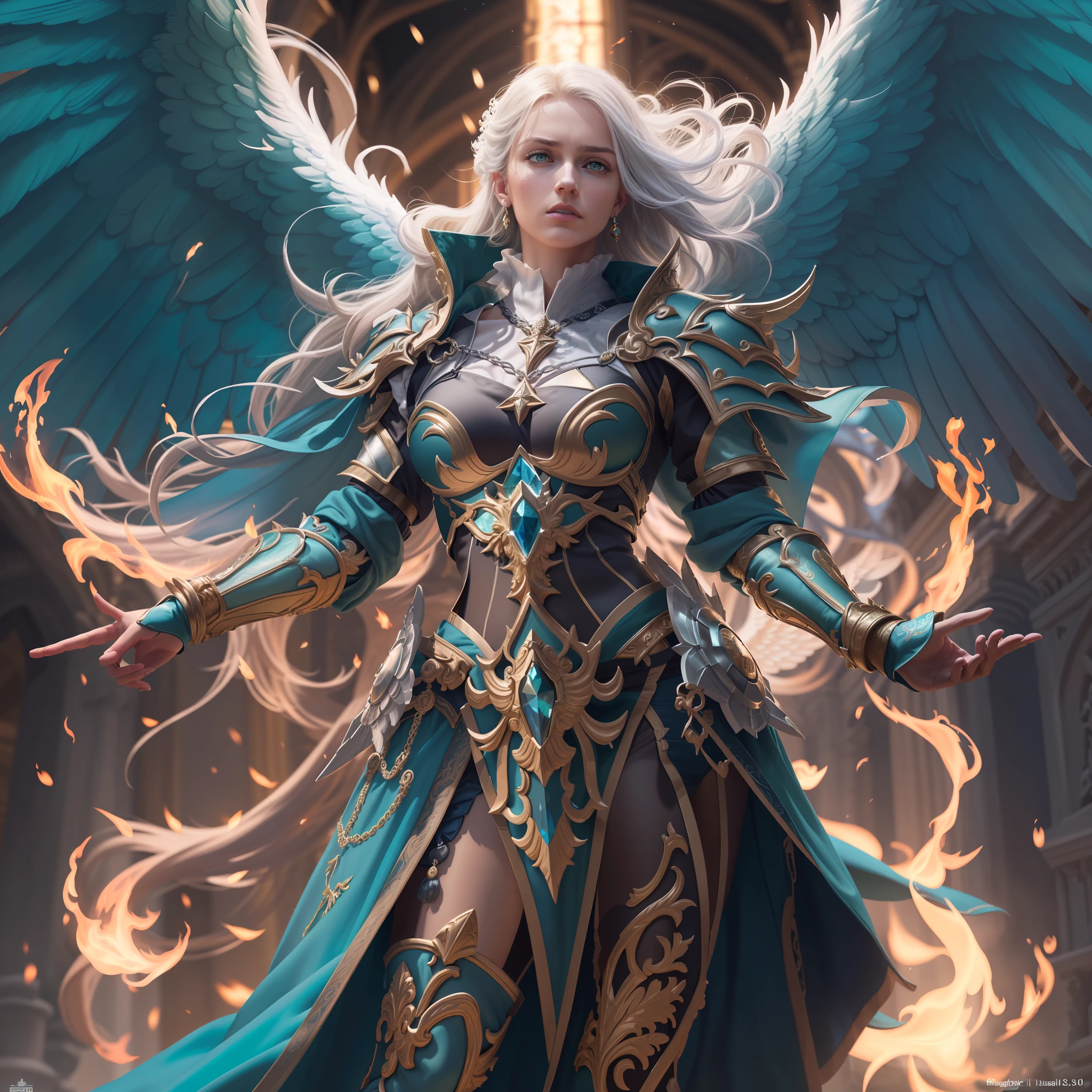 8k, ultra detailed, masterpiece, best quality, (extremely detailed), arafed, dnd art, panoramic view, full body, aasimar cleric casting a flaming spell,  aasimar, female, (Masterpiece 1.3, intense details), female, cleric, holy warrior, casting radiant spell, divine spell (Masterpiece 1.3, intense details) large angelic wings, azure angelic wings spread (Masterpiece 1.3, intense details), fantasy divine background (Masterpiece 1.5, intense details), sun, clouds, wearing white heavy armor (Masterpiece 1.3, intense details, holy symbol, blue cloak, flowing robe (Masterpiece 1.3, intense details), high heeled boots (Masterpiece 1.3, intense details), armed with mace, metalic hair, green eyes, intense eyes, feminine, ultra detailed face, (Masterpiece 1.5, best quality), anatomically correct (Masterpiece 1.3, intense details), determined face, divine light, cinematic lighting, soft light, silhouette, photorealism, panoramic view (Masterpiece 1.3, intense details) , Wide-Angle, Ultra-Wide Angle, 8k, highres, best quality, high details