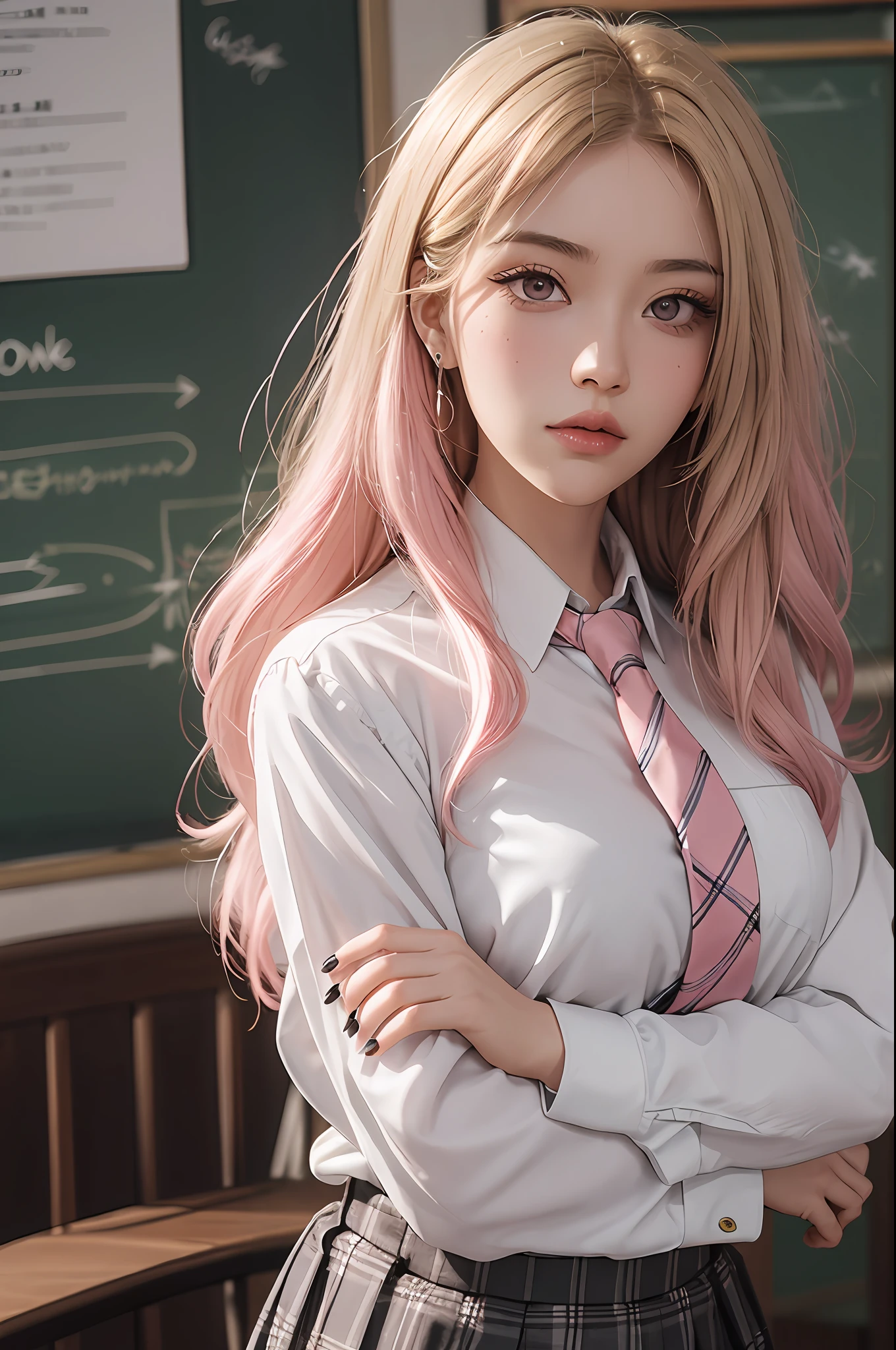 1girl, Kitagawa, portrait, blonde, masterpiece, best quality, highres, upper blodie, (from front), 1 girl, blonde hair, long hair, hq, straight hair, pink hair tips, red eyes, piercing in ear, school uniform, white shirt, tied shirt, black chocker, gray necktie, skirt plaid, (serious), look serious, flushy, pink lips, medium bust, (stand), (school class), soft skin, (high quality cloting), shiny eyes, pink eyelid, black eyeliner, nails pink, (crossed arms), beautiful face, 4k, chalkboard in the background, best quality, raw camera, chairs tables,