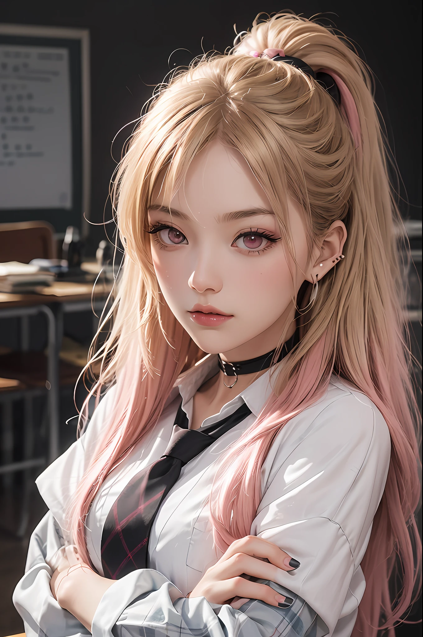 1girl, Kitagawa, portrait, blonde, masterpiece, best quality, highres, upper blodie, (from front), 1 girl, blonde hair, long hair, hq, straight hair, pink hair tips, red eyes, piercing in ear, school uniform, white shirt, tied shirt, black chocker, gray necktie, skirt plaid, (serious), look serious, flushy, pink lips, medium bust, (stand), (school class), soft skin, (high quality cloting), shiny eyes, pink eyelid, black eyeliner, nails pink, (crossed arms), beautiful face, 4k, chalkboard in the background, best quality, raw camera, chairs tables,