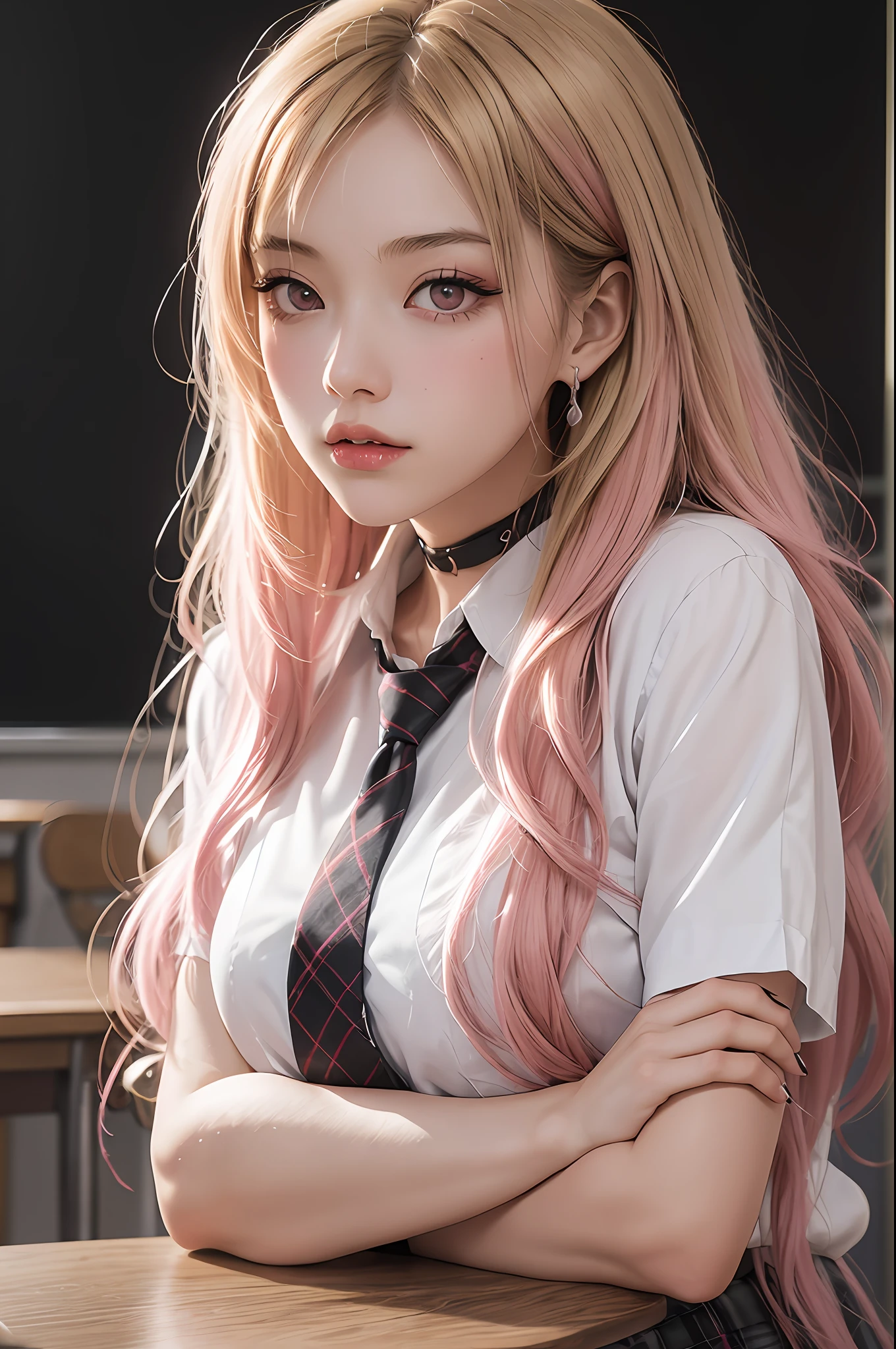 1girl, Kitagawa, portrait, blonde, masterpiece, best quality, highres, upper blodie, (from front), 1 girl, blonde hair, long hair, hq, straight hair, pink hair tips, red eyes, piercing in ear, school uniform, white shirt, tied shirt, black chocker, gray necktie, skirt plaid, (serious), look serious, flushy, pink lips, medium bust, (stand), (school class), soft skin, (high quality cloting), shiny eyes, pink eyelid, black eyeliner, nails pink, (crossed arms), beautiful face, 4k, chalkboard in the background, best quality, raw camera, chairs tables,