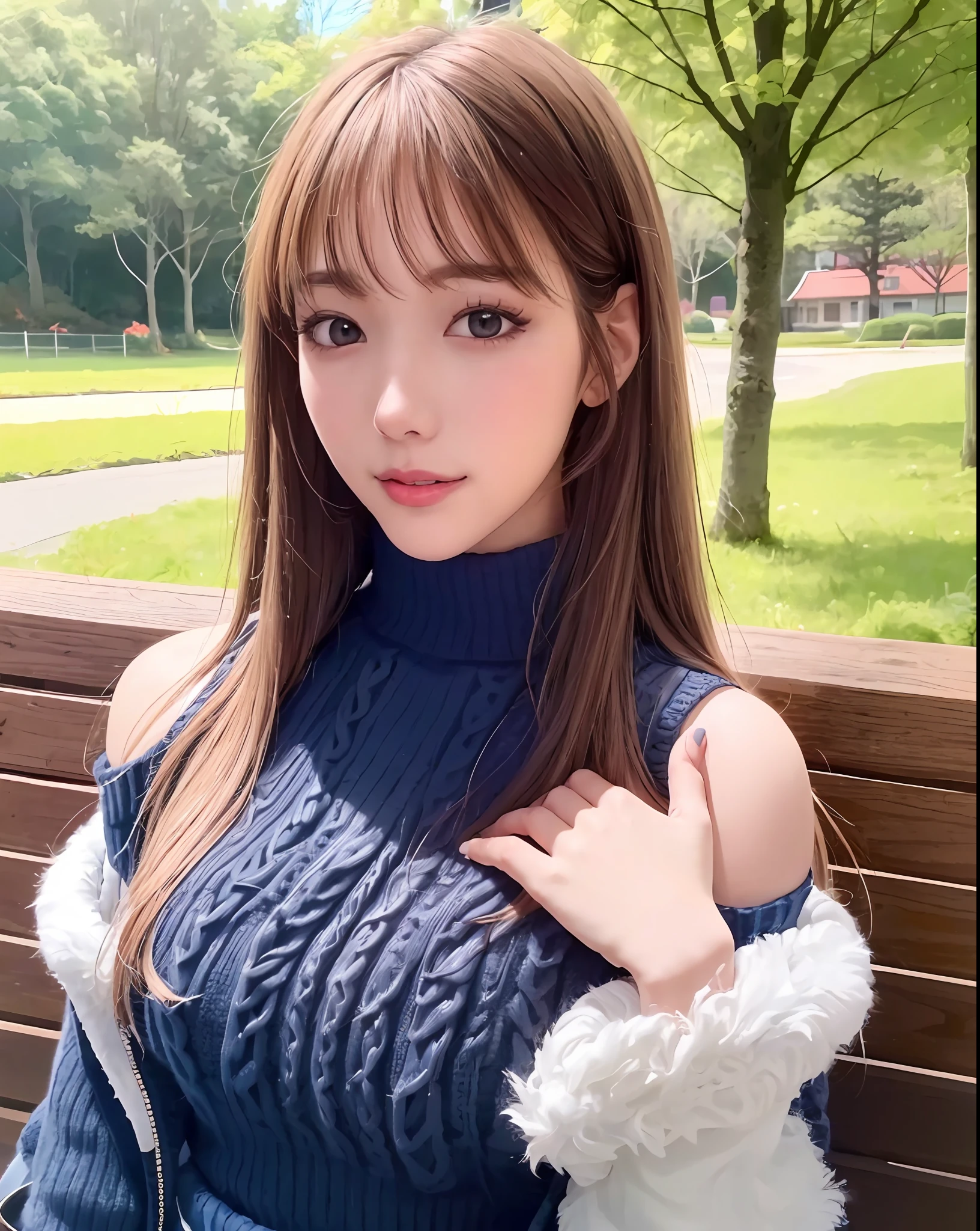pureerosface_v1, best quality, photorealistic, 8k, high res, full color, 1girl, woman, 20 years old woman, (closed mouth:1.52), (skindentation), (portrait:0.6), trees, park bench, daylight, ((park background:1.52)), full color, ((necksweater:1.68)), straight-looking at viewer:1.8, (1girl eyes looking at viewer:1.55), (shoulder-length hair, blackhair, partedbangs:1.45), (bokeh),