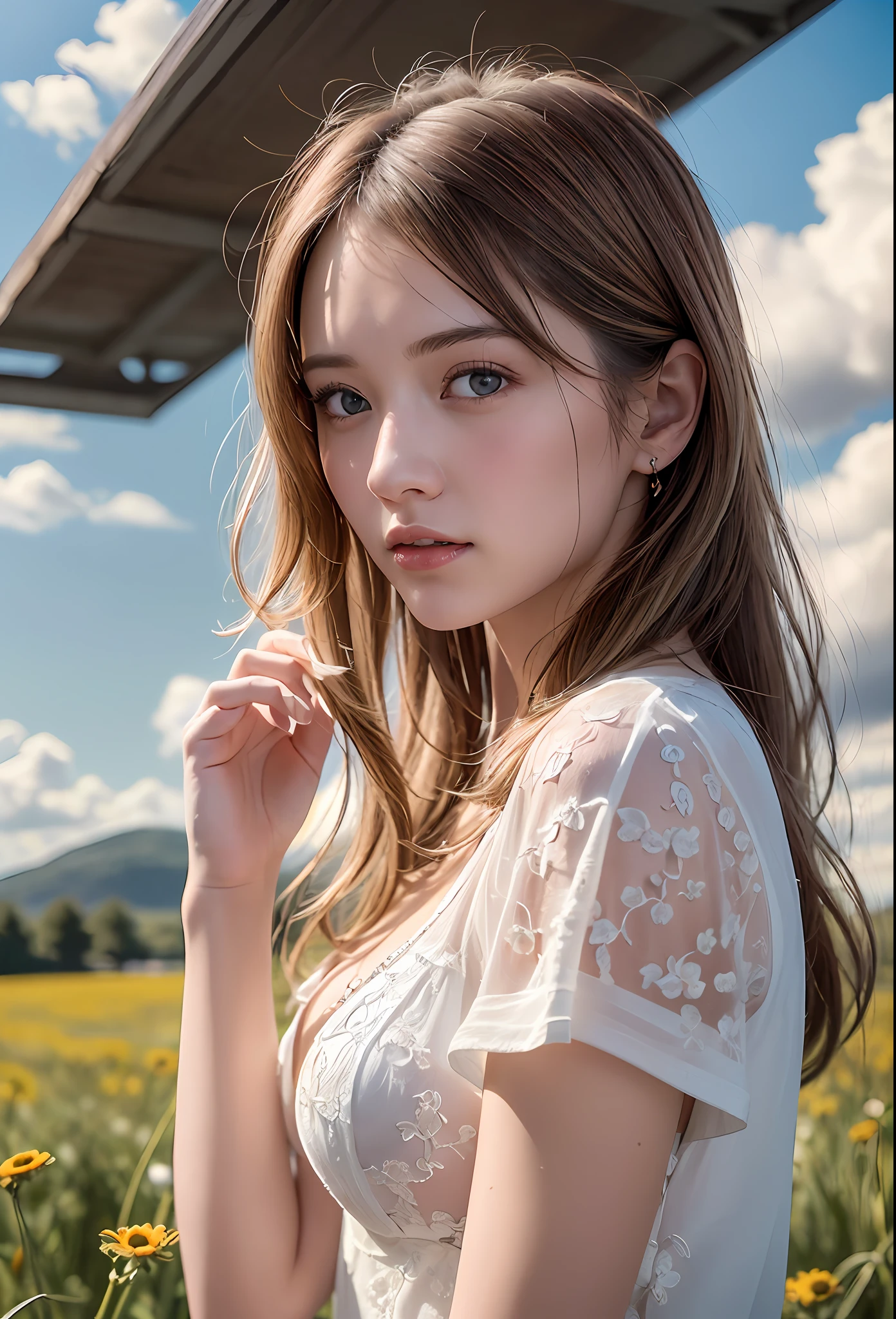 (realistic:1.3), finely detailed, quality, rembrandt lighting, (masterpiece:1.2), (photorealistic:1.2), (best quality), (detailed skin:1.3), (intricate details), dramatic, ray tracing, 1girl, american white girl, blonde hair, 21 years old, medium breasts, (Meadow, Sun, Clouds, Field, Farming, Starlight, Walking trail)