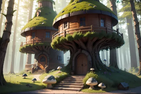 (masterpiece), (best quality),there is a mushroom house with a door and steps in the forest, mushroom house, mushroom houses, houses in the form of mushrooms, Slavic city. big mushrooms, mushroom city, stylized 3d rendering, stylized 3d rendering, 3d rende...