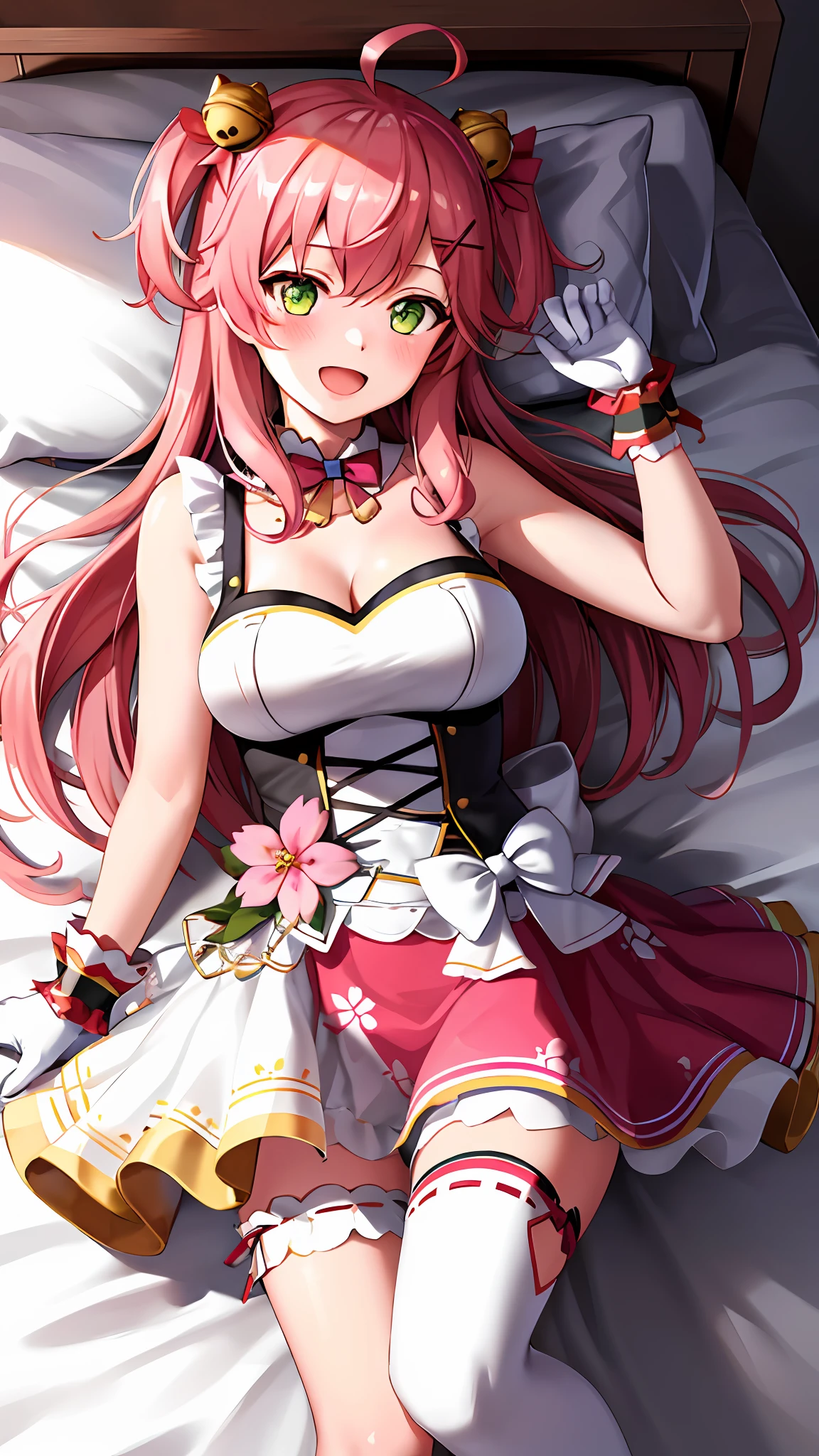 masterpiece, best quality, highres, miko4, 1girl, hololive idol uniform, sakura miko, idol clothes, green eyes, ahoge, pink hair, solo, x hair ornament, hairclip, single thighhigh, white gloves, long hair, floral print, bell, hair bell, cleavage, pink thighhighs, one side up, smile, open mouth,  blush, bedroom, lying, lying on bed,