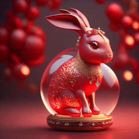 A cute crystal ball red zodiac rabbit，The body is embellished with various jewelry ornaments，The eyes have a low-poly design，It is a highly detailed and complex conceptual art craft，Use Artstation 8k quality。