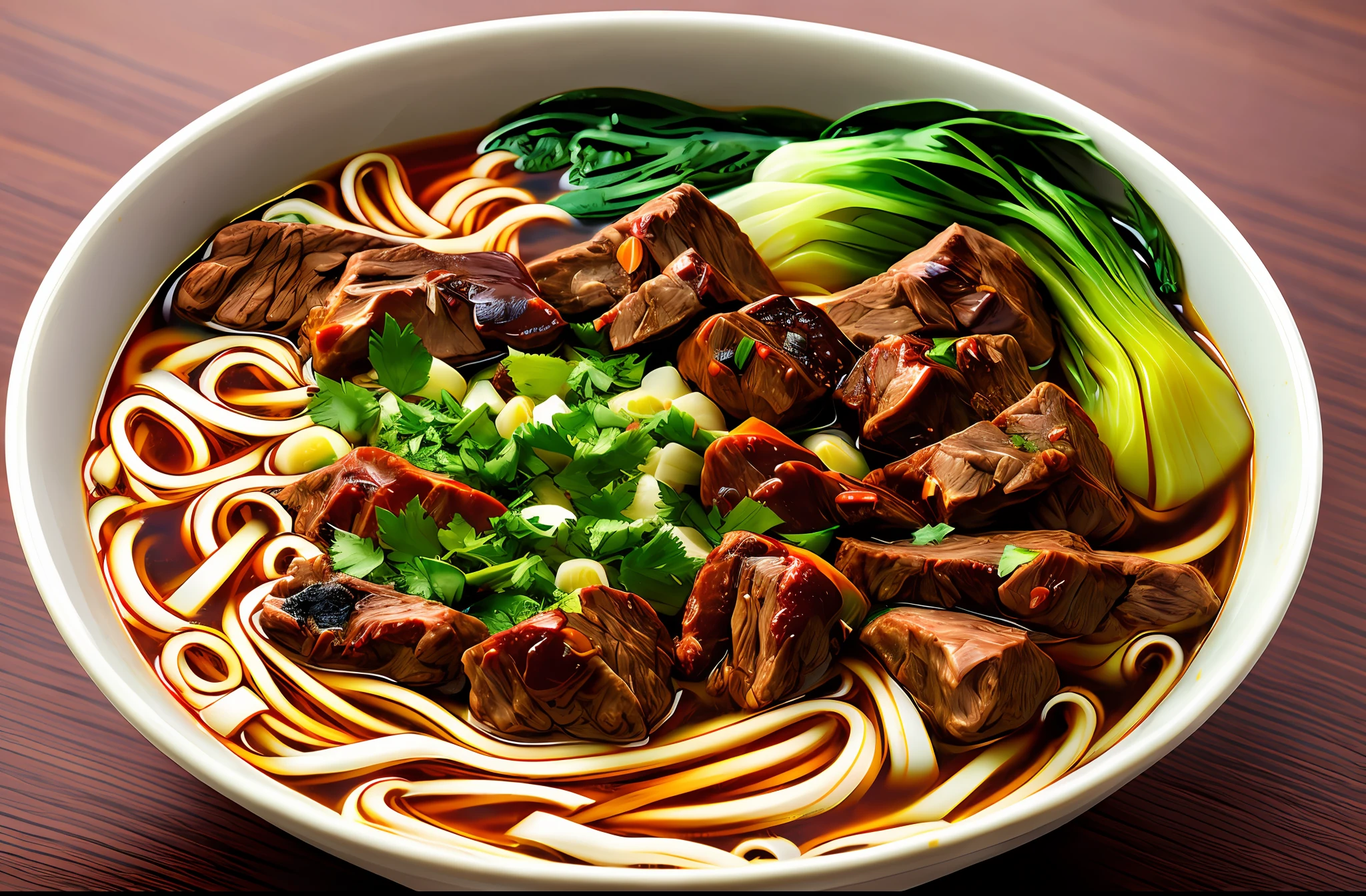 a bowl of beef noodle soup, ((masterpiece)),illustration,high detail, soft lighting, delicious, colorful, aesthetically pleasing, studio lighting, trending