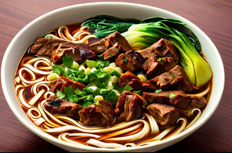 a bowl of beef noodle soup, ((masterpiece)),illustration,high detail, soft lighting, delicious, colorful, aesthetically pleasing...