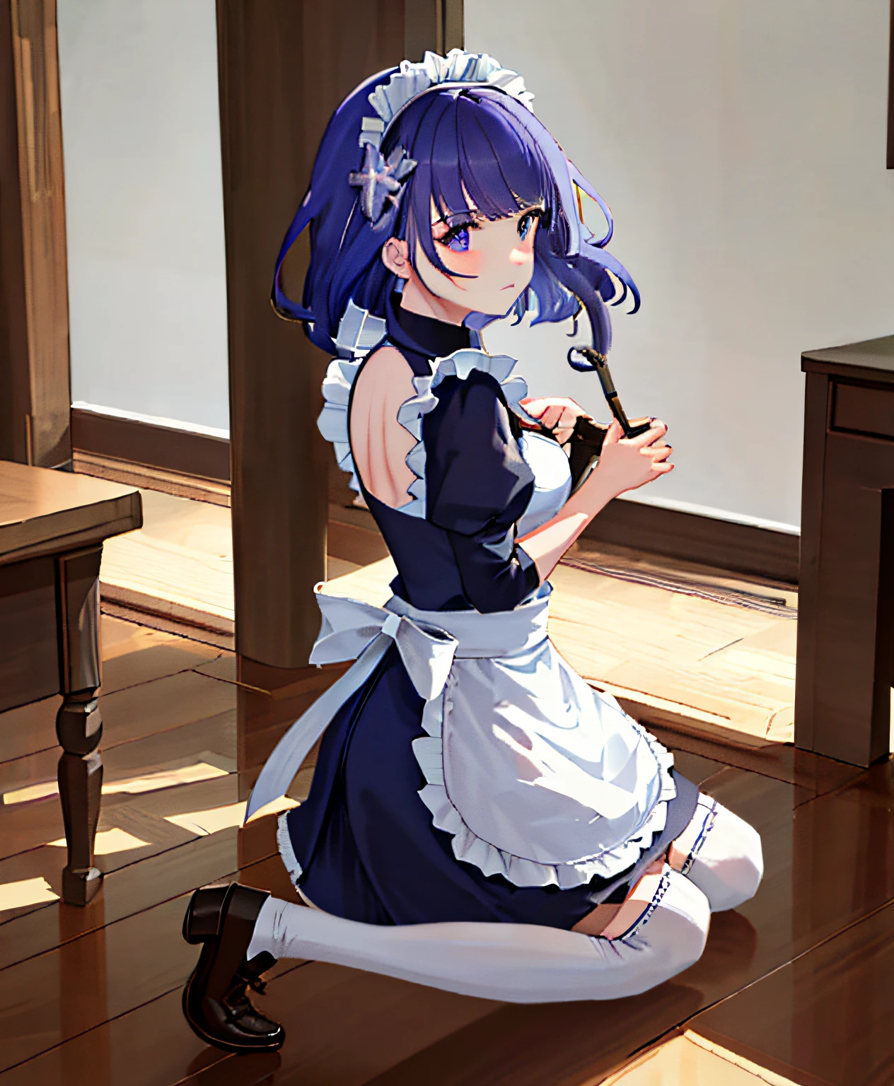 masterpiece, best quality, 1girl, solo, raiden_genshin, office lady, maid uniform, maid, apron, maid headdress, kneeling, seiza