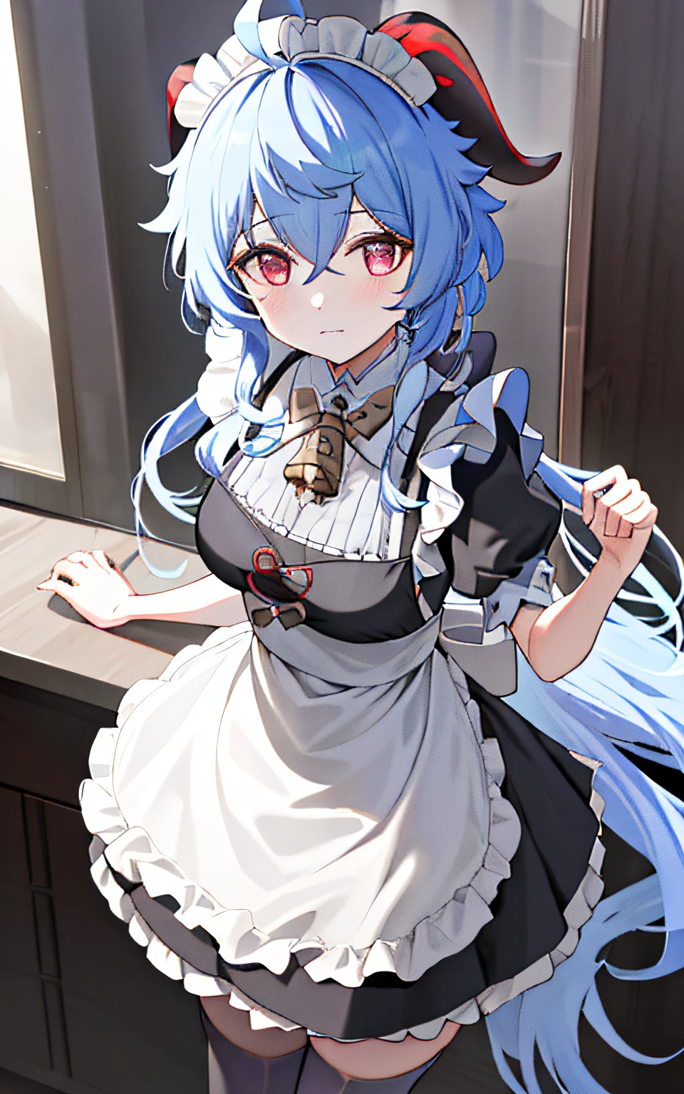 ((8K,masterpiece, best quality)),
1girl, solo, ganyu (genshin impact), breasts, horns, maid, long hair, thighhighs, blue hair, ahoge, looking at viewer, white thighhighs, holding, blush, maid headdress, apron, alternate costume, frills, cleavage, enmaided, bangs, dress, short sleeves, zettai ryouiki, black dress, purple eyes, medium breasts,  goat horns, frilled dress, very long hair, standing, puffy sleeves, closed mouth, maid apron, sidelocks, white apron, cowboy shot, puffy short sleeves, simple background, red eyes, frilled apron, hair between eyes,