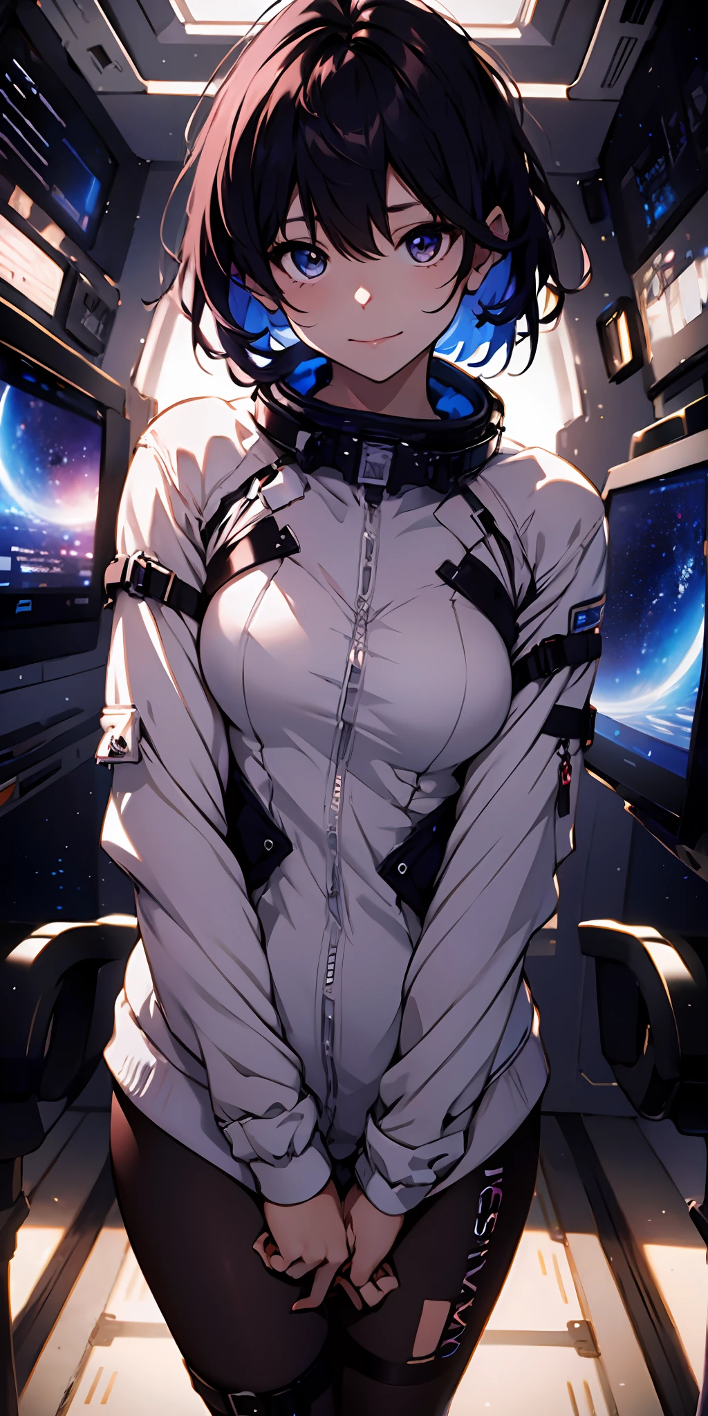 absurd res, high-resolution, (Masterpiece:1.4), A highly detailed, 1girl, from above, space, floating, Space Suit, sharp focus, (cinematic lighting), (1girl), slight smile