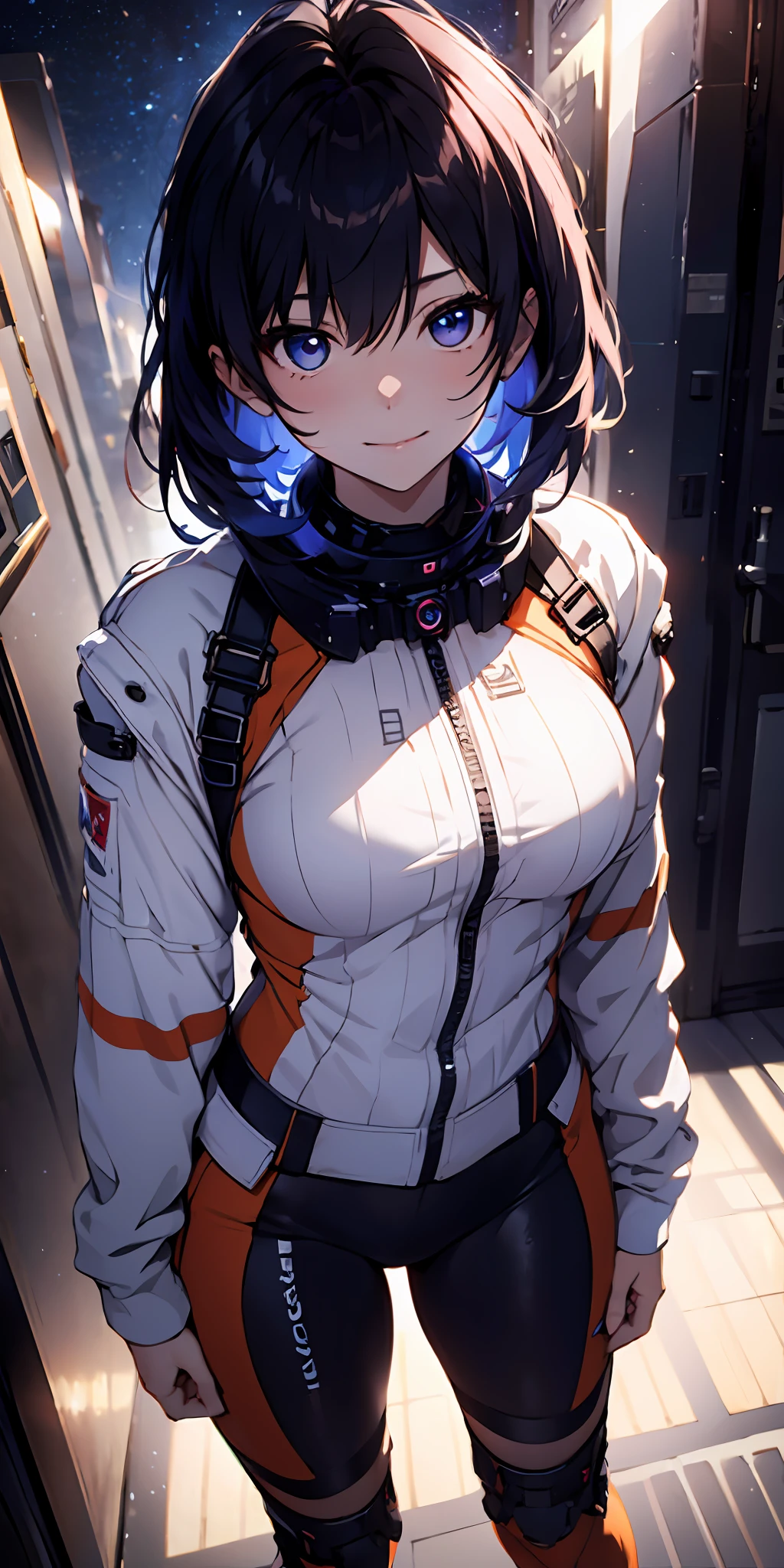 absurd res, high-resolution, (Masterpiece:1.4), A highly detailed, 1girl, from above, space, floating, Space Suit, sharp focus, (cinematic lighting), (1girl), slight smile