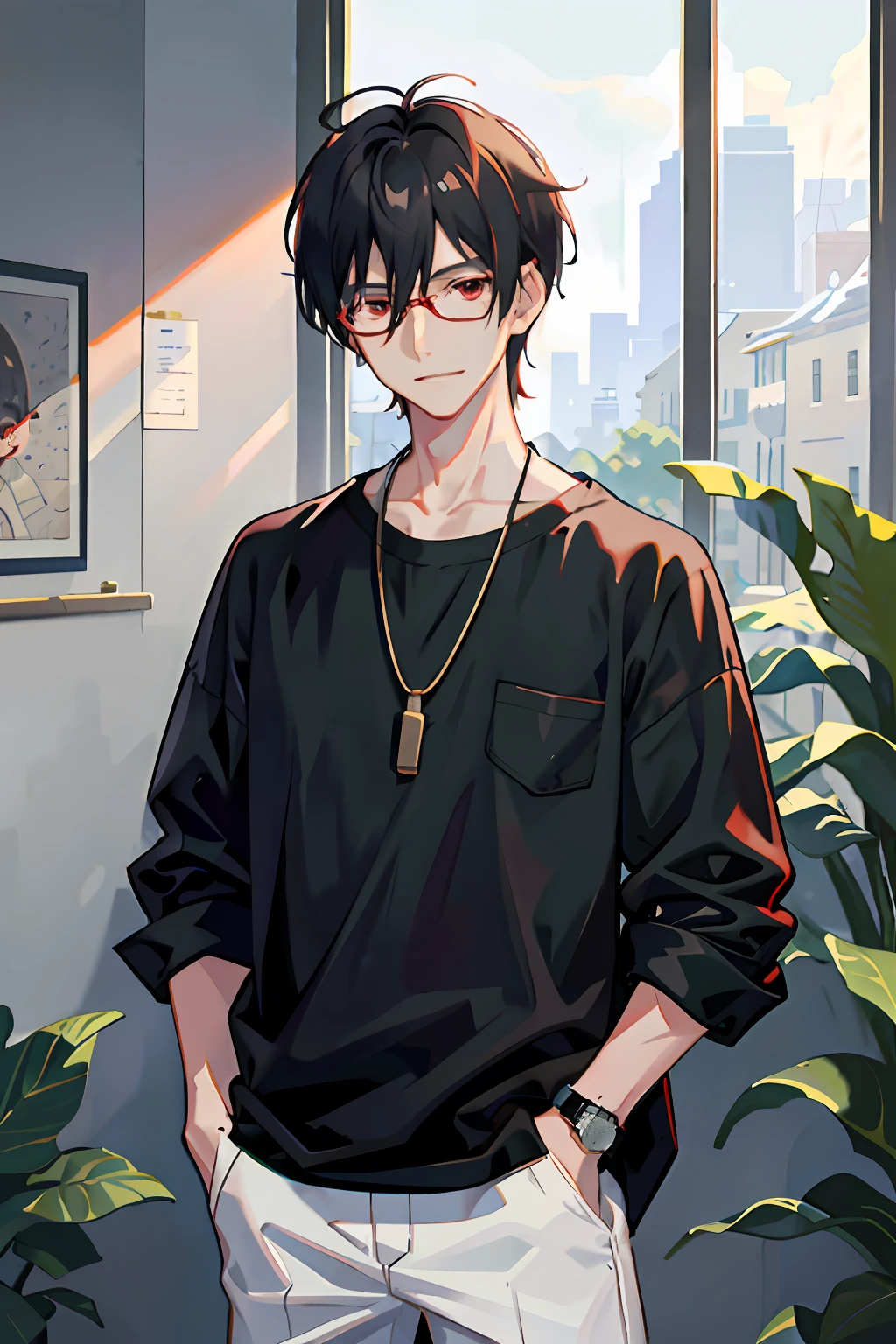 1boy, black hair, black shirt, (((red eyes))), (wearing glasses), hair between eyes, jewelry, leaf, looking at viewer, male focus, necklace, pants, shirt, solo, watch, white pants, wristwatch, messy hair, trending on artstation, 8k resolution, highly detailed, anatomically correct, sharp image, digital painting, concept art, trending on pixiv, style of makoto shinkai, smile, (((hands in the pocket)))