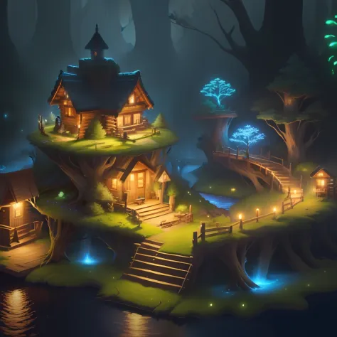 ln the forest，the night，glowworm，lakes，log cabin