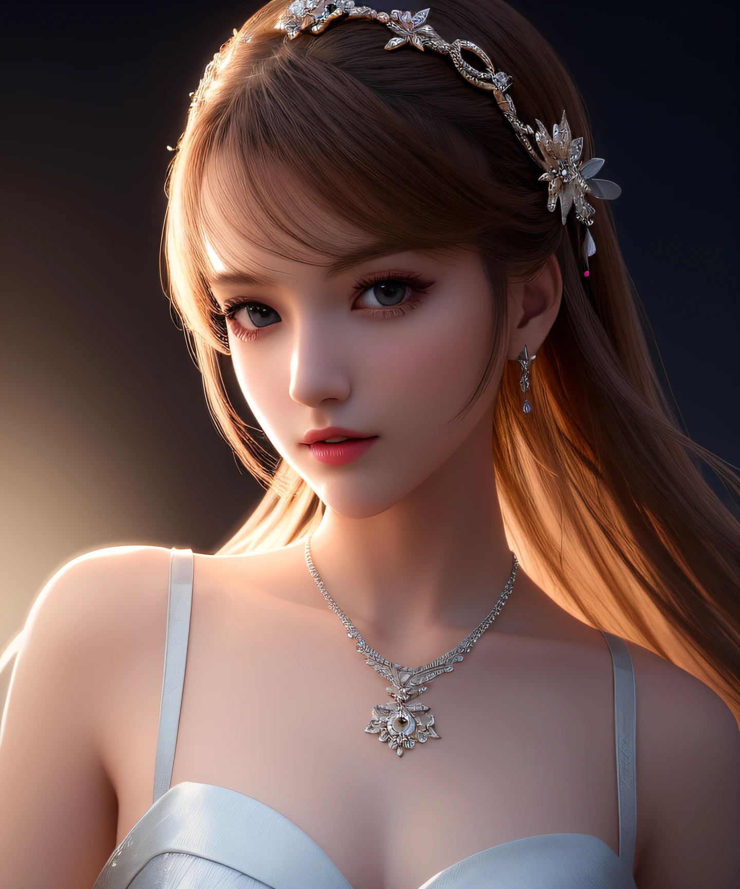 Best quality, masterpiece, high resolution, 1girl, porcelain dress, hair accessories, necklace, jewelry, beautiful face, on the body, Tyndall effect, realistic, dark studio, edge lighting, two-tone lighting, (high detail skin: 1.2), 8k UHD, dslr, soft light, high quality, volumetric light, candid, photo, high resolution, 4k, 8k, background blur,