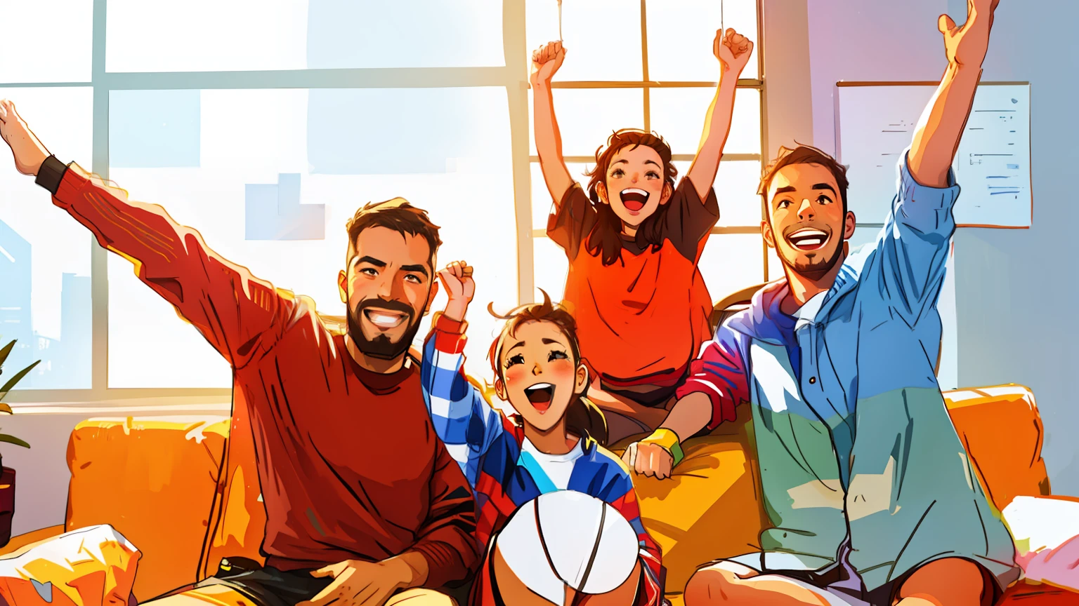 Cartoon of a family sitting on a couch watching a video game - SeaArt AI