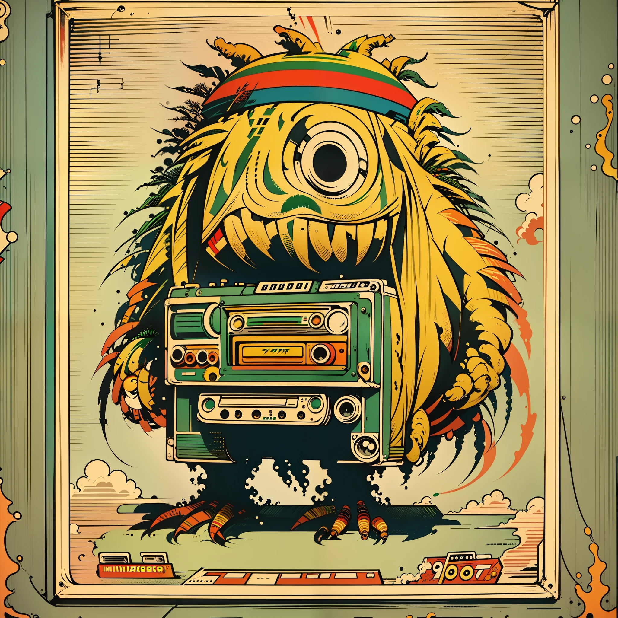 A ((((([rAstA monster])))))), ( 全身照) holding A boombox, ghetto blAster, big ghetto blAster, tApe deck, 低保真嘻哈, Audio equipments, cAssette, 复古科技, nostAlgic vibes, 1 9 6 0 s 技术, rAdios, vintAge, 60 年代, propAgAndA Poster style, 海报设计, poster Art style. 20 世纪 70 年代, 20 世纪 50 年代, 20 世纪 60 年代, 海报色彩很丰富, colour Art, 三分法则, 鼓舞人心, 1970, 低保真嘻哈, high quAlity Artwork, Artwork, poster Art style, promotionAl Artwork, 嘻哈, 1 9日, 打印, high quAlity wAllpAper, poster Artwork, style of shepherd fAirey, in A retro or vintAge style, reminiscent of clAssic Advertisements or posters. Use wArm And muted colors, cApturing the nostAlgic feel of vintAge Artwork, 鸟瞰图
