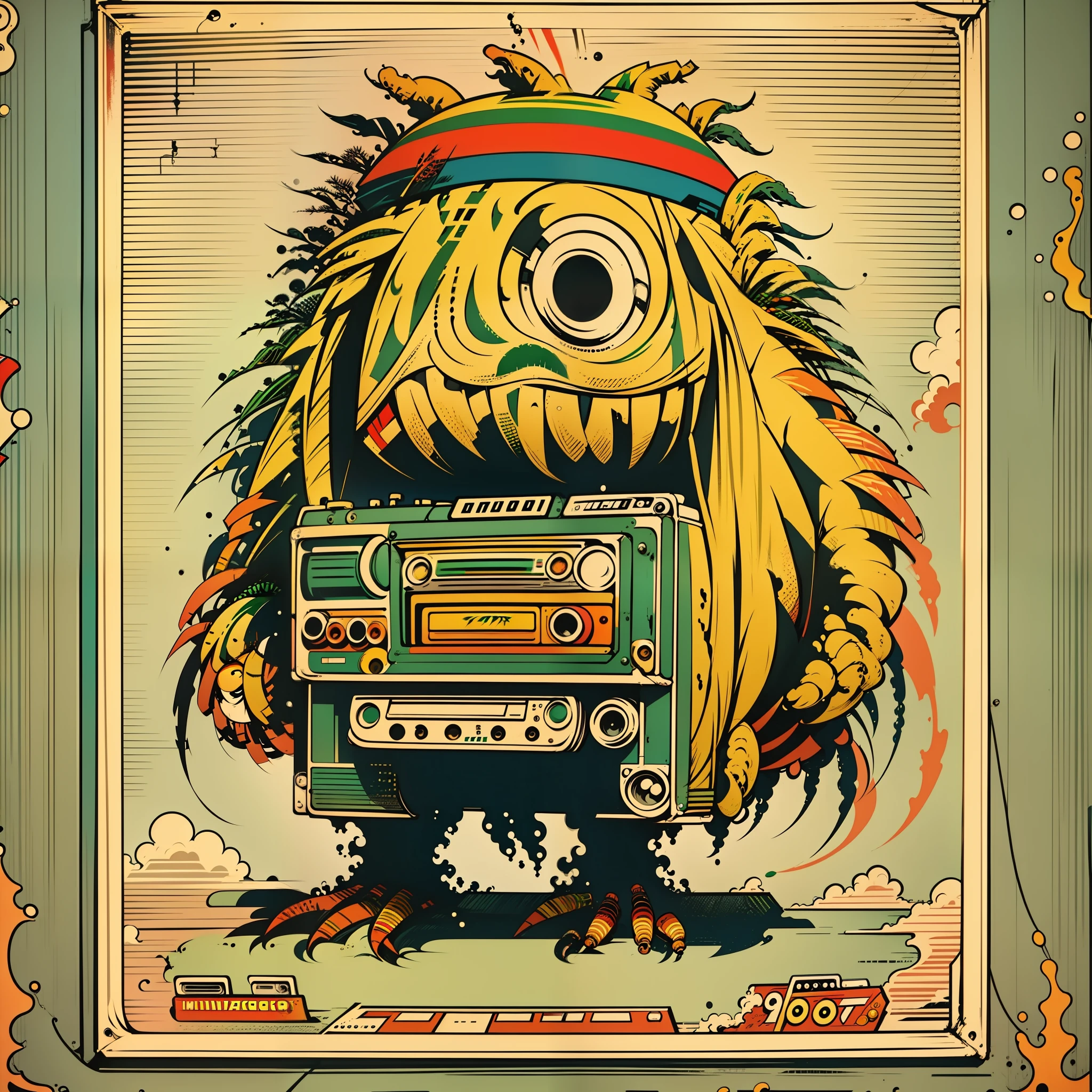 a ((((([rasta monster])))))), ( full body shot) holding a boombox, ghetto blaster, big ghetto blaster, tape deck, lofi hip hop, audio equipments, cassette, retro technology, nostalgic vibes, 1 9 6 0 s tech, radios, vintage, the 6 0 s, propaganda Poster style, Poster design, poster art style. 1970s, 1950s, 1960s, Very colourful poster, colour art, thirds rule, inspiring, 1970, lofi hip hop, high quality artwork, artwork, poster art style, promotional artwork, hiphop, 1 9 th, print, high quality wallpaper, poster artwork, style of shepherd fairey, in a retro or vintage style, reminiscent of classic advertisements or posters. Use warm and muted colors, capturing the nostalgic feel of vintage artwork, bird's eye view