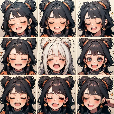 cute female child，Emoji pack，9 emojis，emoji sheet of，Align arrangement，9 poses and expressions（grieves，astonishment，having fun，exhilarated，big laughter，Touch your head，Sell moe, wait），Anthropomorphic style，Disney style，Black strokes，9 different emotions，9 ...