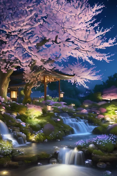 (detailed,(realistic:1.3),sharp details:1.3),(masterpiece:1.3),the most beautiful garden,flowing creak,birds flying around,sakura,epic realism,color explosion,peaceful,tranquility,(night),ultimate beauty,emotional,deep darkness,