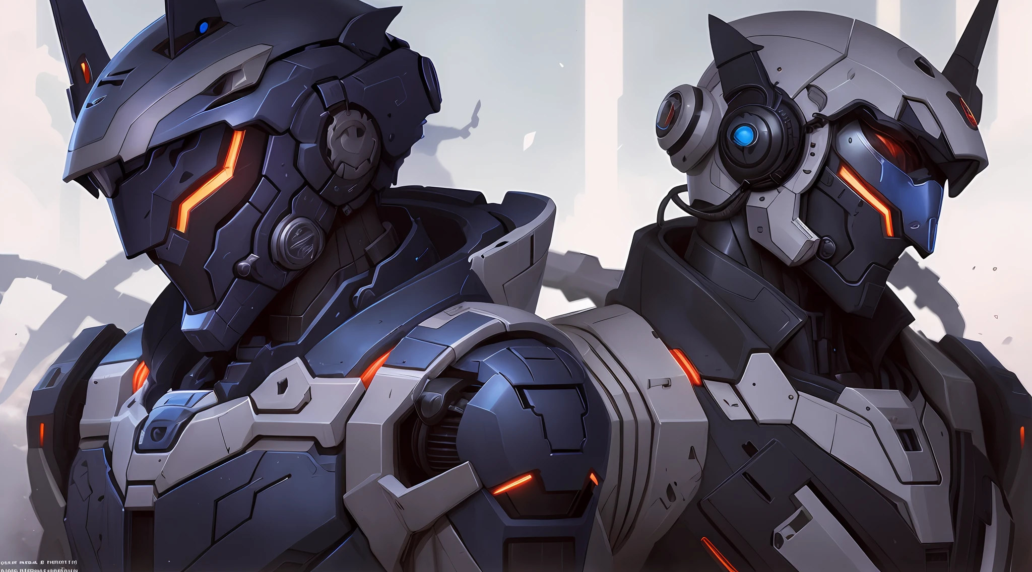 There are two men wearing mechs，zerochan art, Detailed digital anime art, inspired by Krenz Cushart，white backgrounid，Dark-tone mech，glowing light，