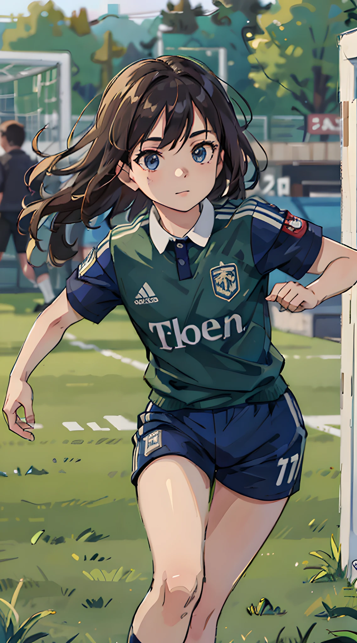 (masterpiece, best quality:1.2), 8k, official art, raw photo, absurdres, upper body, bravery face, solo, delicate girl, (soccer uniform:1.4), running, cinch waist, football grass ground, bokeh background, looking at viewer, thighs, tight clothing, sharp focus, HDR, highres, photography, realistic, highest detailed, extreme detailed, ultra detailed, finely detail, [:(detailed eyes and face:1.4):12]