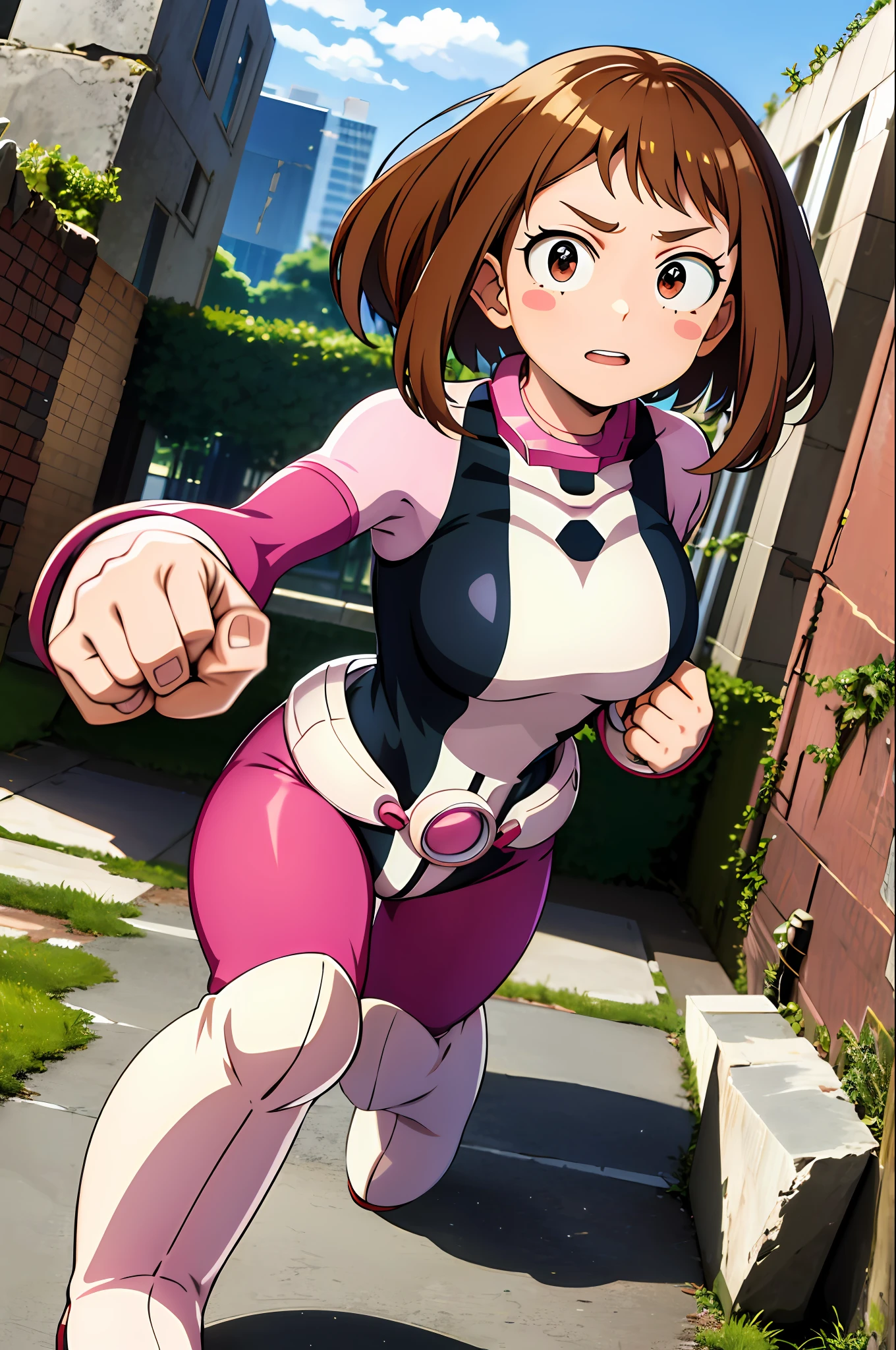 masterpiece, best quality, highres, hmochako, blush stickers, short hair, medium breasts, superhero, bodysuit, boots, ruins, building, fighting stance, clenched hands,