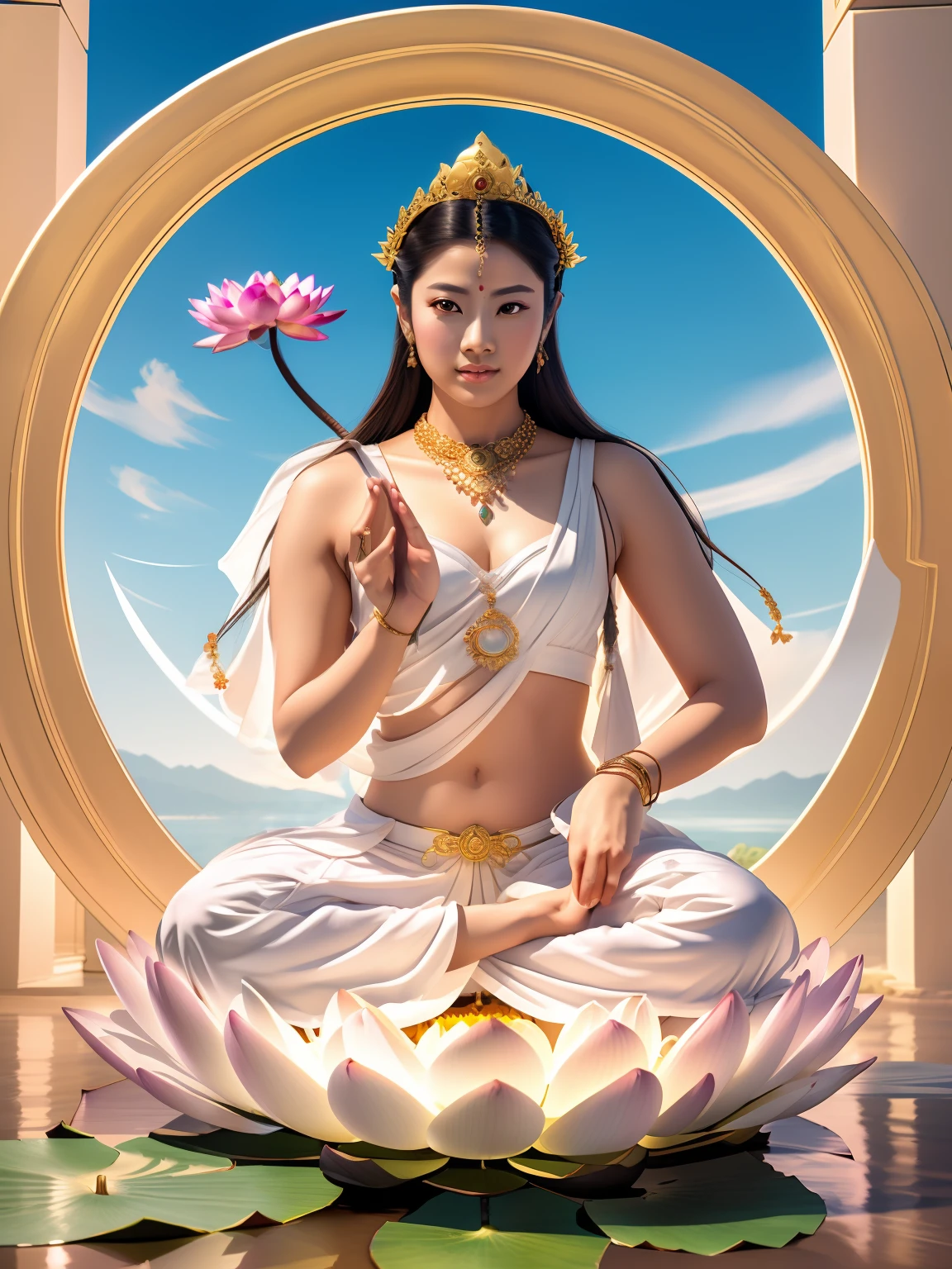 tmasterpiece,Ultra-high resolution,Buddha Mother in White,16 yaers old,Beautiful bodhisattva holding lotus flowers in his hands,((( Face the audience with the palm of your hand))),((Beautiful big eyes looking at the audience)),(healthy-looking skin， Thin skin,double eyelid,Jelly textured lips,Glowing lips,(((Flawless skin texture))),Real pores,White skin of the,ctextured skin,（Wear gemstones,pearls,hisui,amber,）,crown,choker necklace,Yingluo,jewelry,white  clothes,The head shines,Blue sky background,Flat background,Clean picture,Pure sky,Extremely high detail,Perfect Goddess,full art illustration,photorealestic,professional photoshooting,Ultra-high resolution, best qualtiy, photore, 8K,（realisticlying：1.2),A golden glow overhead（The halo：1.2),golden headdress,Brighter,tmasterpiece,best qualtiy,Complicated details，Light environment and crystals in the background,crystal,Portal of the future,3D light,k hd,magie,God of Light,The light from the back window is backlighted,Detailed face,depth of fields,Gentle lighting,Tone-mapping,highly  detailed,concept-art,Smoothness,Clear focus,Dramatic lighting,highly detailed art,cinematic ligh,8K,amazing shadows（highly detailed back ground：1.2）The woman sitting on the lotus holds a lotus flower,（（Pink lotus））,Guanyin, an ancient Chinese goddess, guanyin of the southern seas, Sit gracefully on a lotus, gilded lotus princess, Pink lotus Queen, contented female bodhisattva, inspired by Lü Ji, Realiy, sitting on a lotus flower, lotus，3Drenderingof