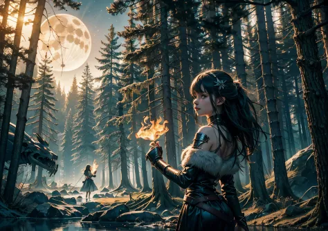 Young forest fairy playing with fire, Epic futuristic landscape, Rising Moon, Late Autumn, light frost, Steam comes out of the mouth
