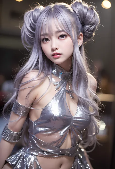 (8k、RAW Photography、top-quality、​masterpiece:1.2)、(realisitic、Photorealsitic:1.37)、Omertoza、1girl in、(KPOP Idol)、、top-quality、blue long hair、Silver hair、超A high resolution、(Photorealsitic:1.4)、1girl、Stage light background、Silver Dress、a closed mouth、Cinema...