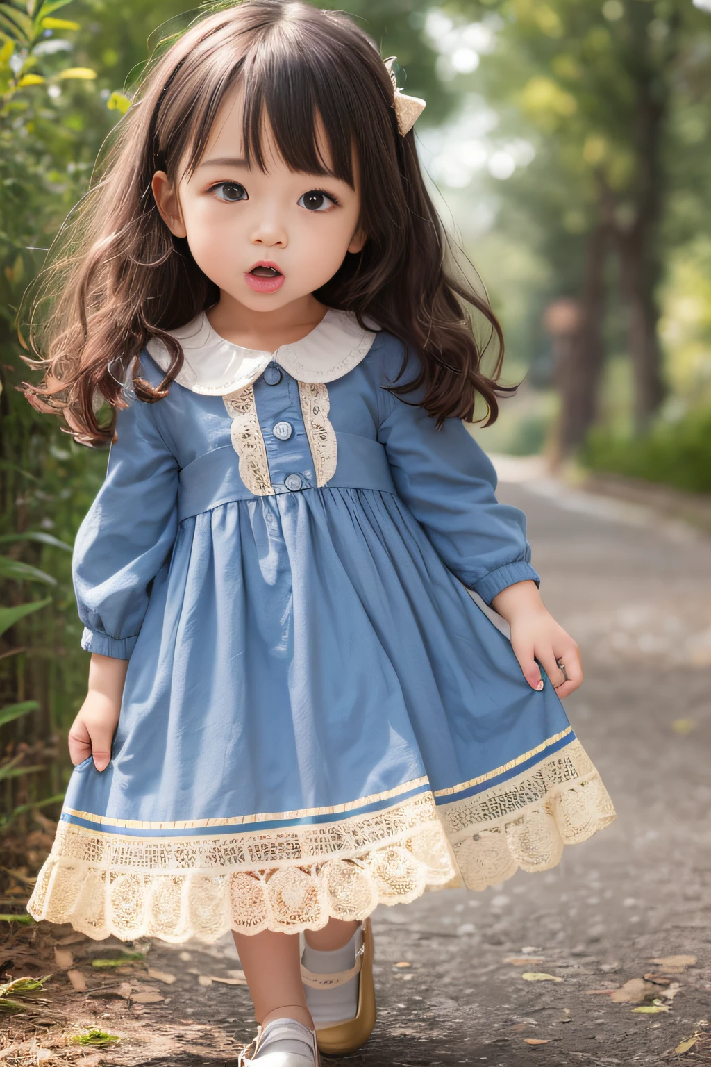 （ultra best quality、8K、Master masterpiece、Bright picture、full body Esbian）、Adorable 6 year old child（female pervert）、 body type、（Alice Dresses 1.1）、Gold curly hair、Open your mouth and drip、
