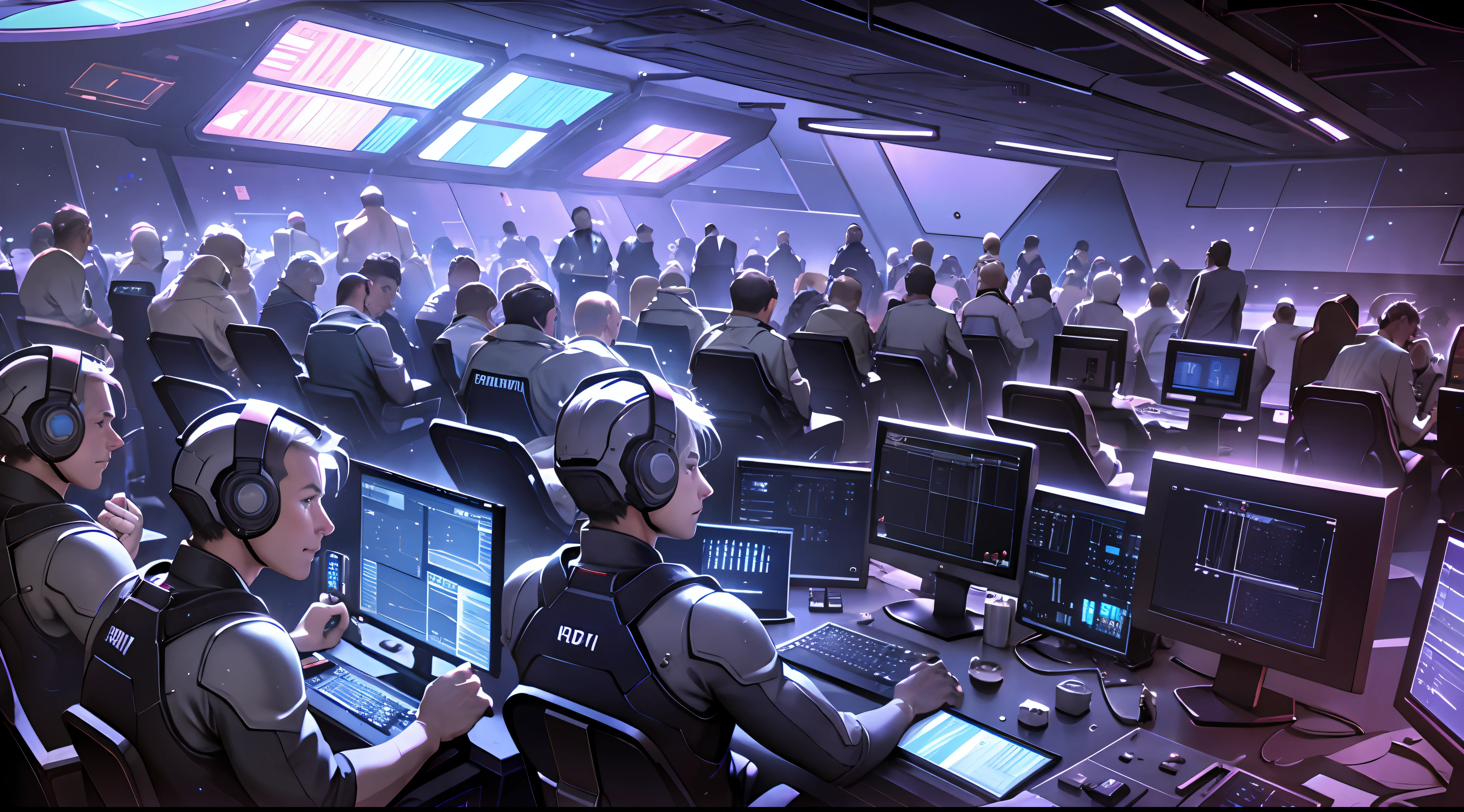 Space control room, control hall, lots of screens, screens with blue light, lots of crew, everyone applauds, realism, high detail, cinematic lighting, cool lighting, close-up, realism, UHD, high detail, super detail --auto --s2