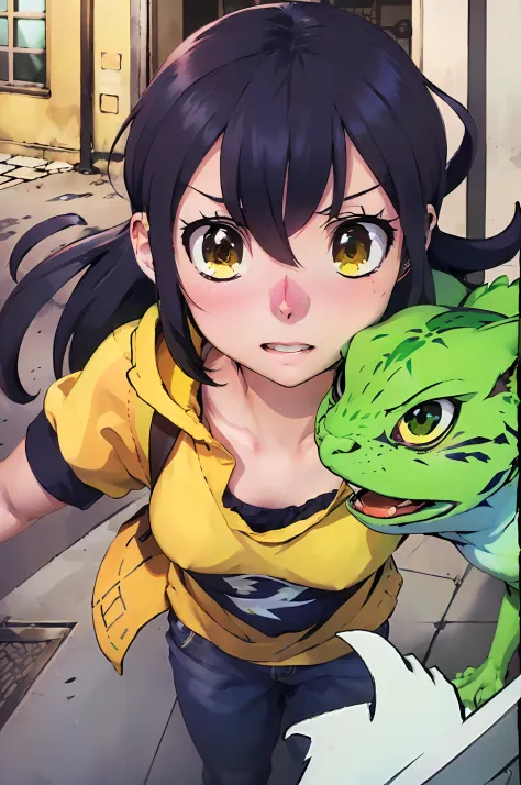 anime girl with a green cat lizard on her shoulder, in anime style, anime style hyper detailed, anime style illustration, offici...