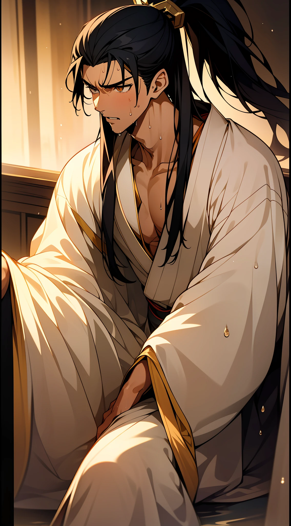 Two-dimensional, anime style, man (male warrior), muscle, correct proportions, face details, martial arts, high ponytail hairstyle, sweating, sweaty face, drooling, neck details, with Adam's apple, wet, wet, Hanfu costume, long robe, embroidered robe, dragon robe, clothing details, collar, long sleeves, game quality, swordsman demeanor, light and shadow tracing, ray tracing, detail glow, CG rendering, hair details, long black hair, golden eyes, sweaty face, handsome, handsome, sweat beads slipping down the neck, (juvenile feeling), complex clothing, wet, wet, perfect composition, refinement, high quality, more details, a lot of details, complex background, atmosphere,