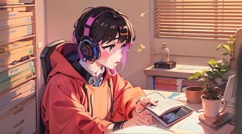 Menino anime sentado em uma mesa com fones de ouvido e um laptop, livros ao lado, menino lofi, Digital anime illustration, Retra...