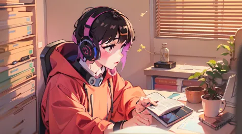 menino anime sentado em uma mesa com fones de ouvido e um laptop, livros ao lado, menino lofi, digital anime illustration, retra...