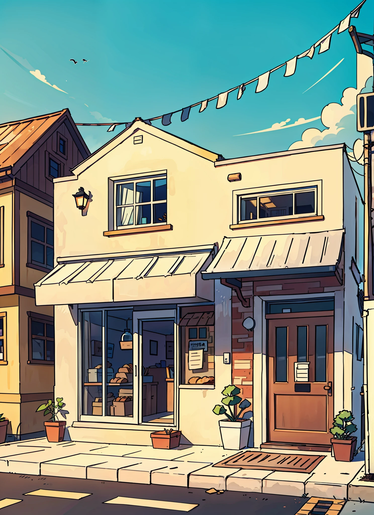 (best-quality:0.8), (best-quality:0.8), (((no humans))), broken introspective perfect anime illustration, front view, a bakery, two storey, ladder, chimney, with a small letter box in front