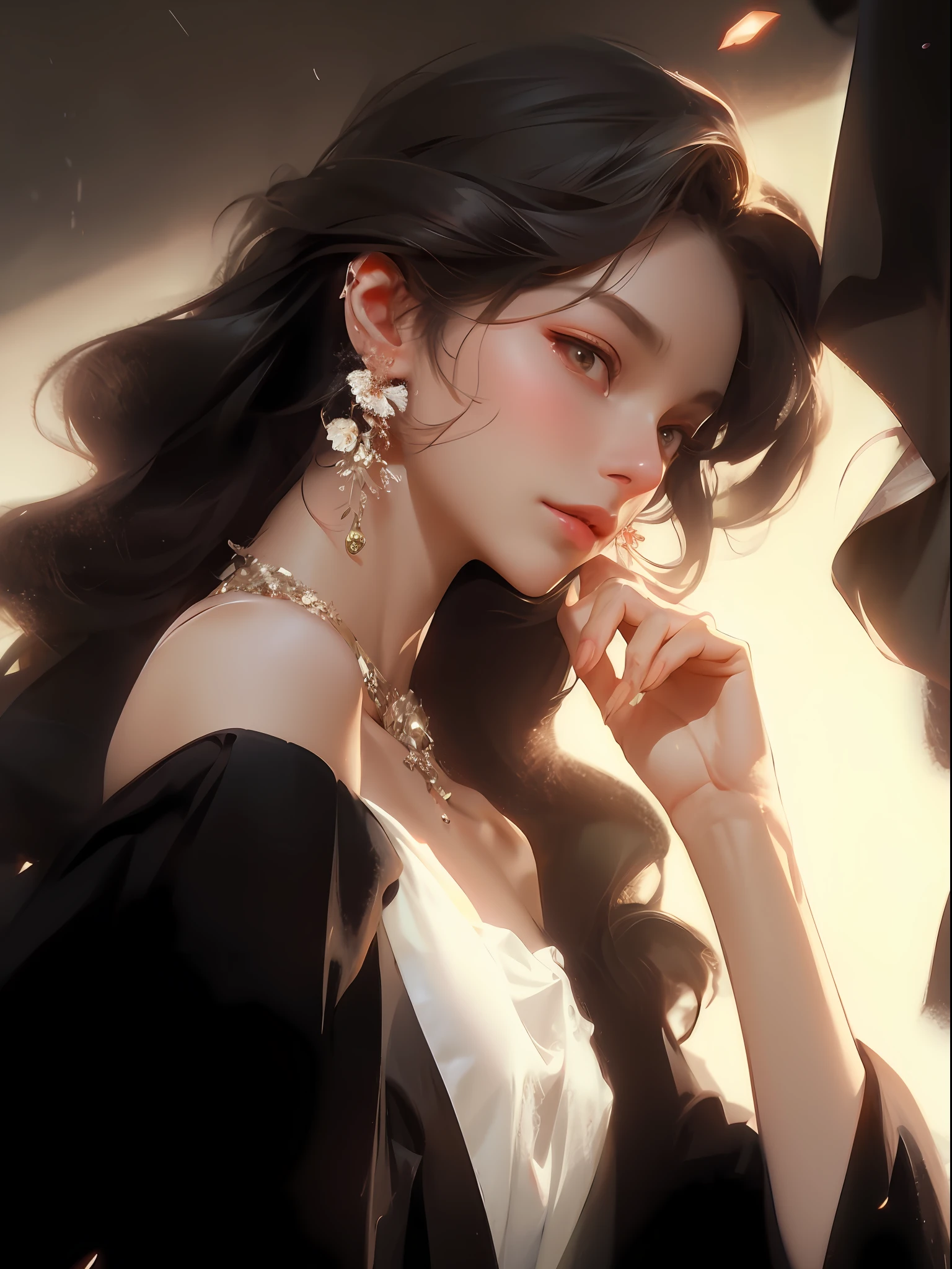 there is a woman that is sitting down with her hand on her chin, digital art of an elegant, artwork in the style of guweiz, elegant digital painting, inspired by Yanjun Cheng, exquisite digital illustration, in the art style of bowater, style in digital painting, beautiful digital illustration, guweiz, by Yang J, beautiful character painting,((Best quality)), ((masterpiece)), (detailed:1.4), 3D, an image of a beautiful female,HDR (High Dynamic Range),Ray Tracing,NVIDIA RTX,Super-Resolution,Unreal 5,Subsurface scattering,PBR Texturing,Post-processing,Anisotropic Filtering,Depth-of-field,Maximum clarity and sharpness,Multi-layered textures,Albedo and Specular maps,Surface shading,Accurate simulation of light-material interaction,Perfect proportions,Octane Render,Two-tone lighting,Wide aperture,Low ISO,White balance,Rule of thirds,8K RAW,