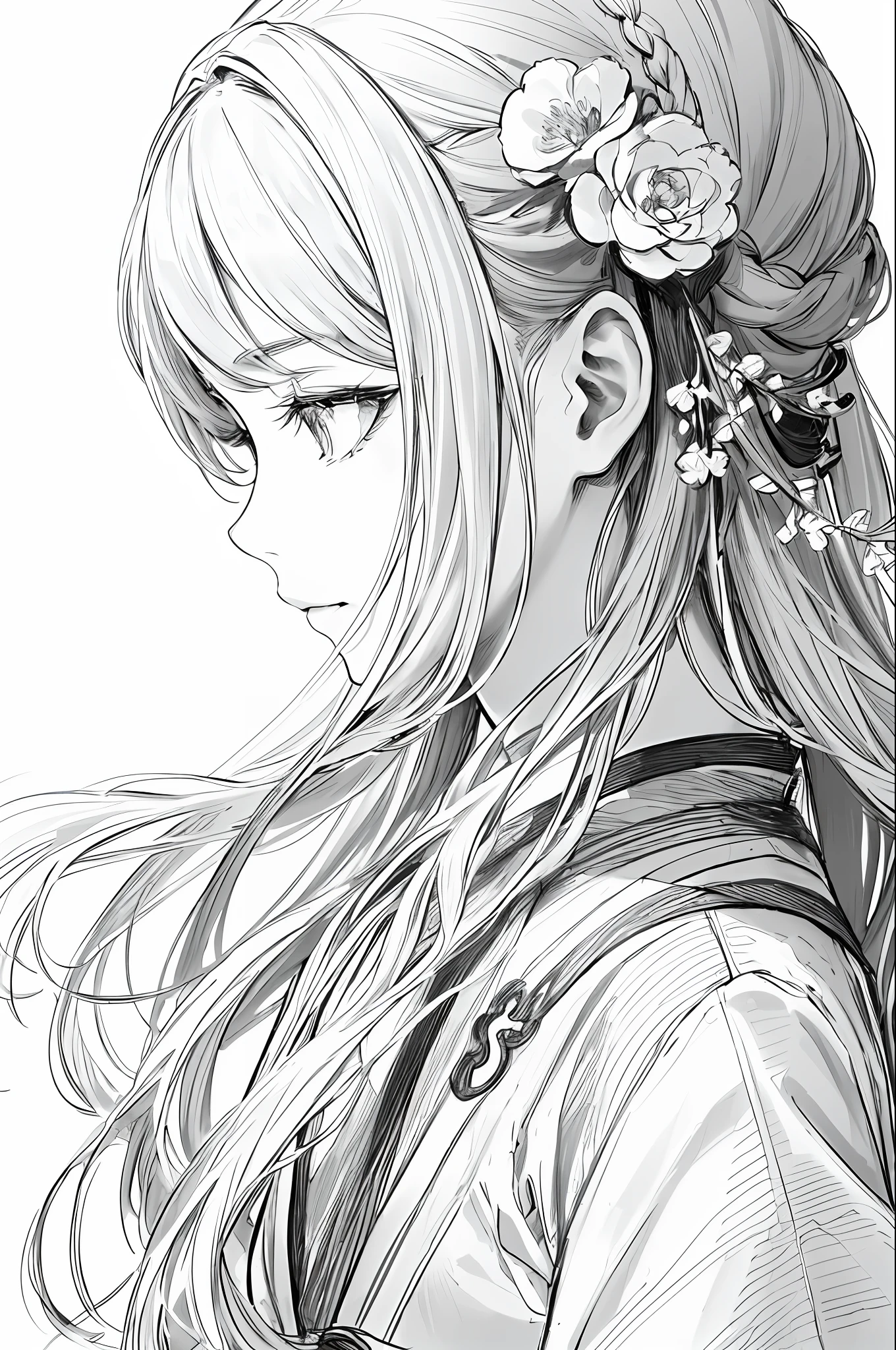 masterpiece, acura, 1girl, solo, hanfu, long hair, profile close-up, flower line drawing background, white background, monochrome, line drawing, ((sketch))