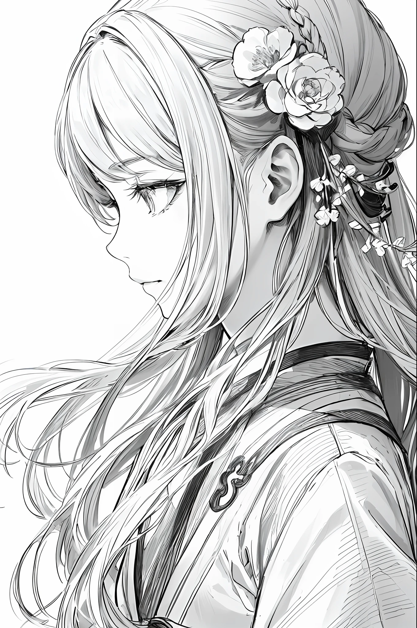 chef-d&#39;œuvre, Acura, 1fille, seulement, Hanfu, cheveux longs, gros plan de profil, flower dessin au trait background, fond blanc, monochrome, dessin au trait, ((esquisser))