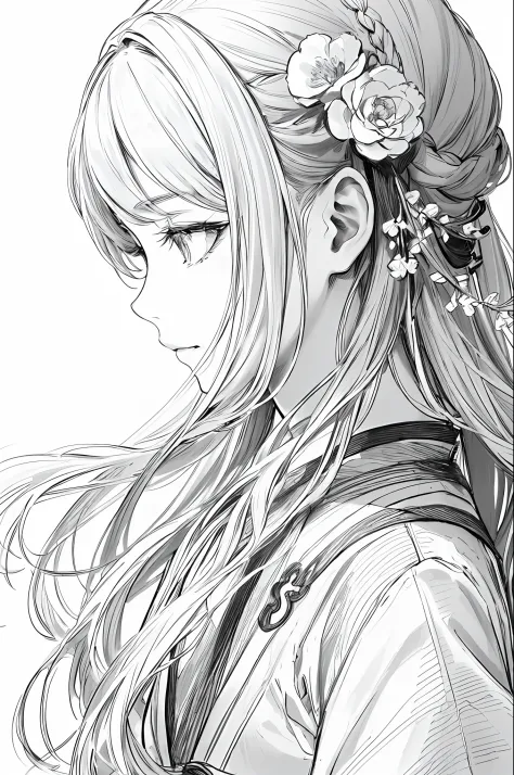 masterpiece, acura, 1girl, solo, hanfu, long hair, profile close-up, flower line drawing background, white background, monochrom...