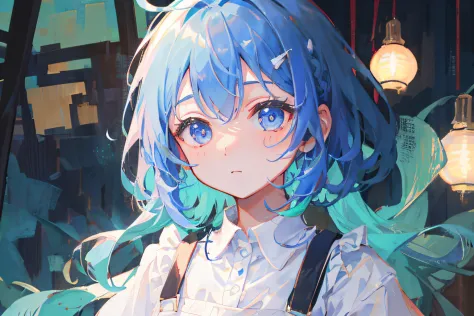 独奏、one girl、​masterpiece、top-quality、white  clothes、little girl、lightblue hair、low overall saturation