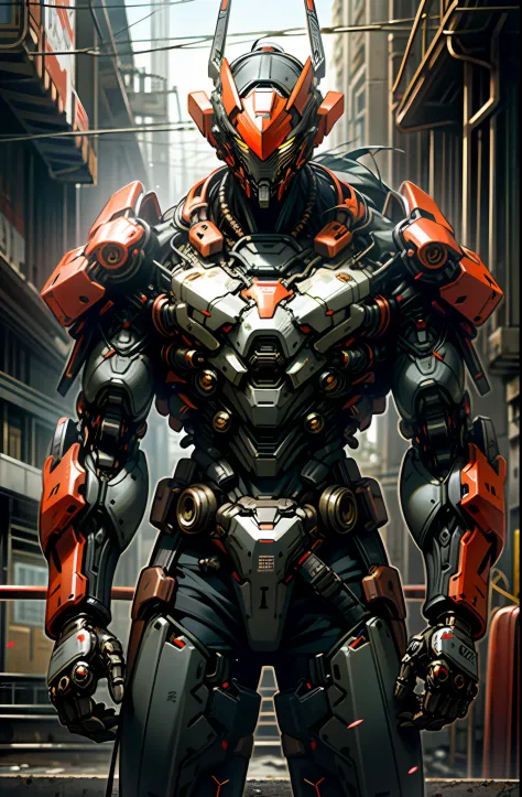 Dark_Fantasy,Cyberpunk,(chain saw,chain saw man,Red:1.1),1man,Mechanical marvel,Robotic presence,Cybernetic guardian, wearing a worn-out mech suit, intricate, (steel metal [rusty]), elegant, clear focus, shot by greg rutkowski, soft lighting, vibrant color...