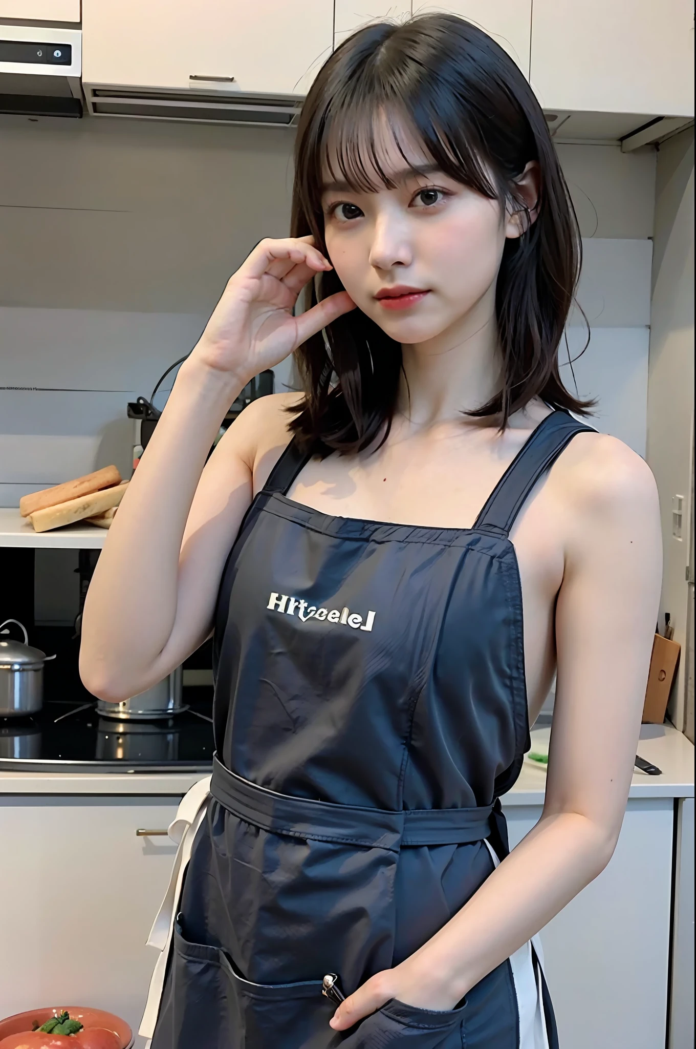 a woman is cooking, (wearing kitchen_apron:1.3), good hand,4k, high-res, masterpiece, best quality, head:1.3,((Hasselblad photography)), finely detailed skin, sharp focus, (cinematic lighting), soft lighting, dynamic angle, [:(detailed face:1.2):0.2], medium breasts, sweaty skin:1.2, (((inside kitchen)))