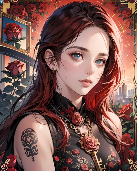 Tarot card, Close up face shot of a beautiful woman looking at the camera, (((card title surrounded by roses at the bottom))), tarot card frame, tatoos, lots of tatoos, rose tatoos, red hair, (((black skin))), (((survivor clothes))), extremely beautiful fa...