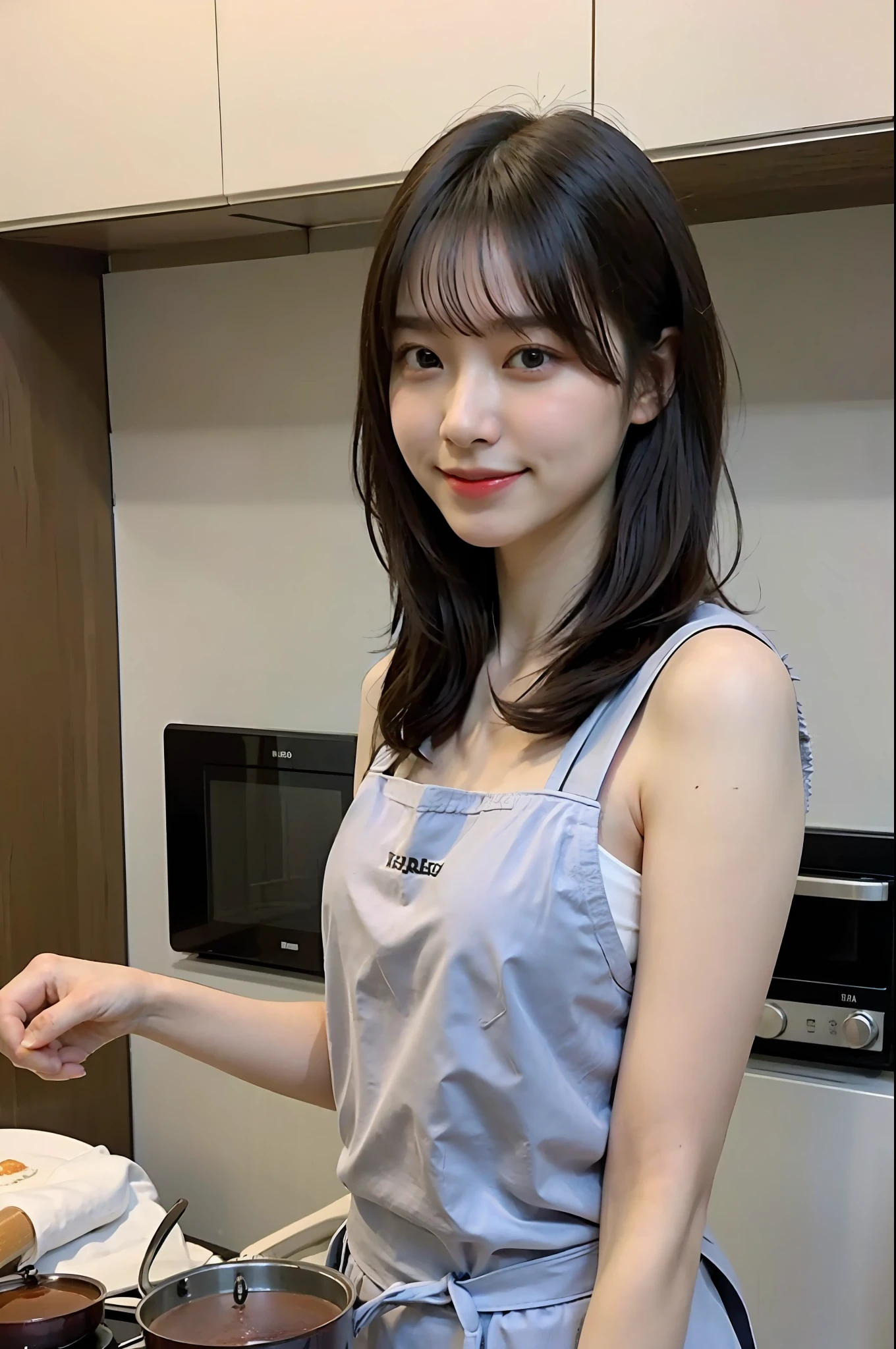 a woman is cooking、(kitchen_apron:1.Wear 3)、good hand、4K、hight resolution、​masterpiece、top-quality、cap:1.3、((Hasselblad photo))、Fine skin、foco nítido、(lighting like a movie)、Soft lighting、dynamic ungle、[:(详细的脸:1.2):0.2]、medium chest、sweats streamed skin:1.2、(((In the kitchen))) a smile