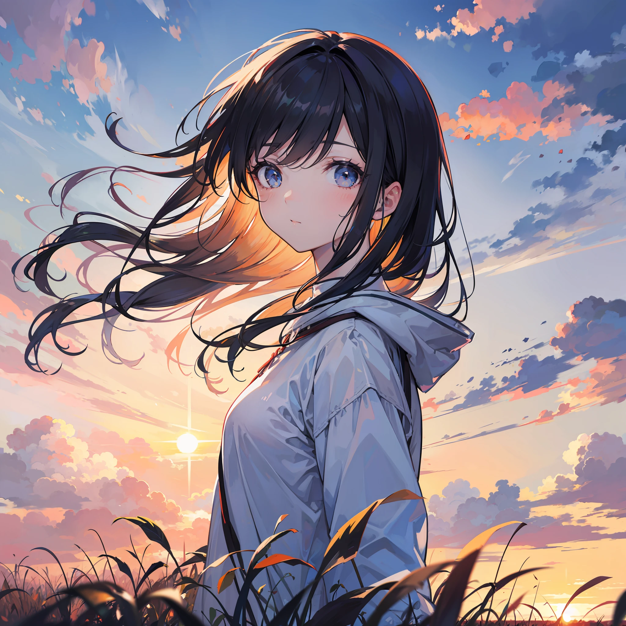 girl standing in field, closeup, portrait, clouds, sunrise