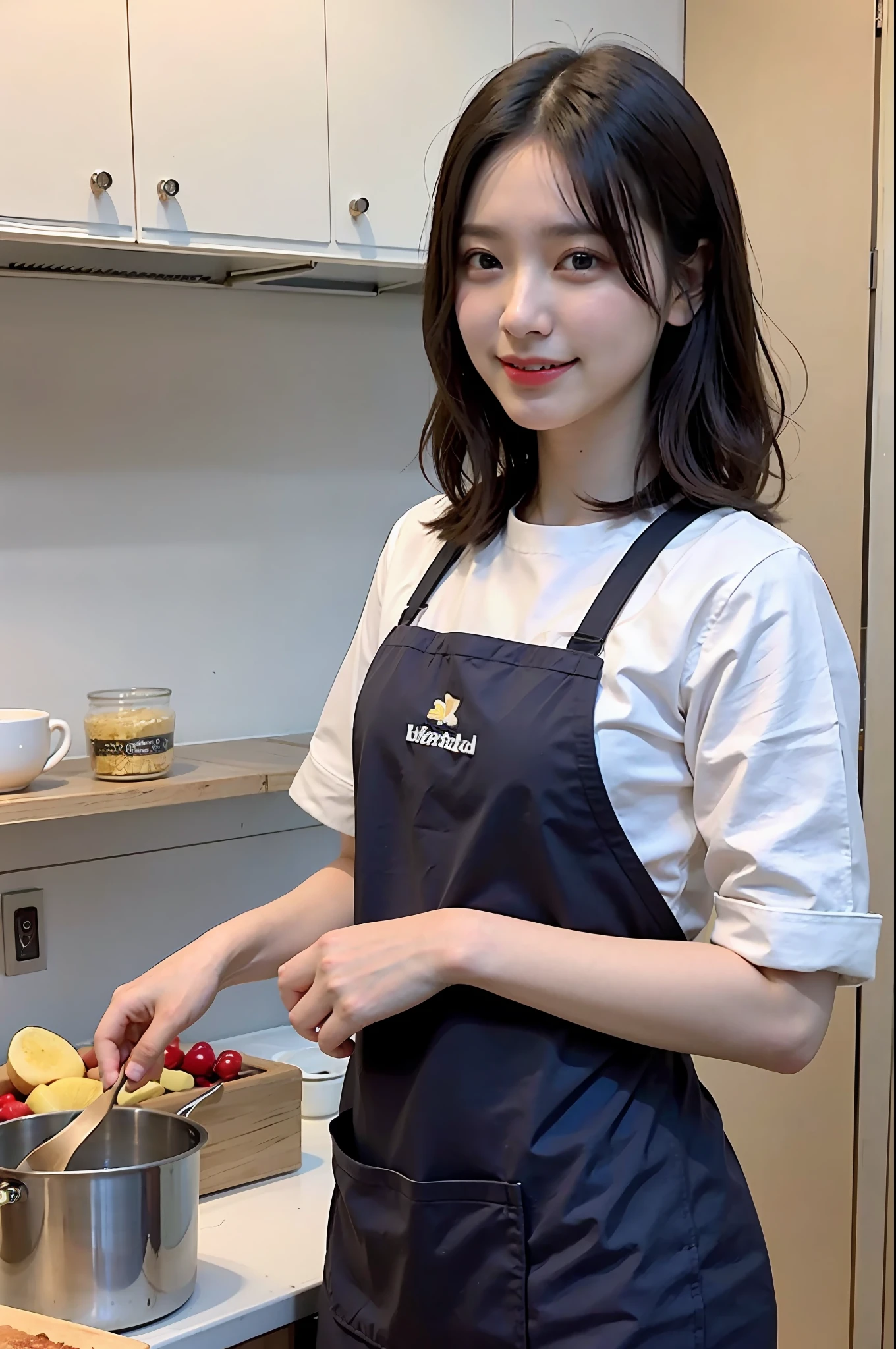 a woman is cooking、(kitchen_apron:1.Wear 3)、good hand、4K、hight resolution、​masterpiece、top-quality、cap:1.3、((Hasselblad photo))、Fine skin、foco nítido、(lighting like a movie)、Soft lighting、dynamic ungle、[:(详细的脸:1.2):0.2]、medium chest、sweats streamed skin:1.2、(((In the kitchen))) a smile　Viewer's Perspective