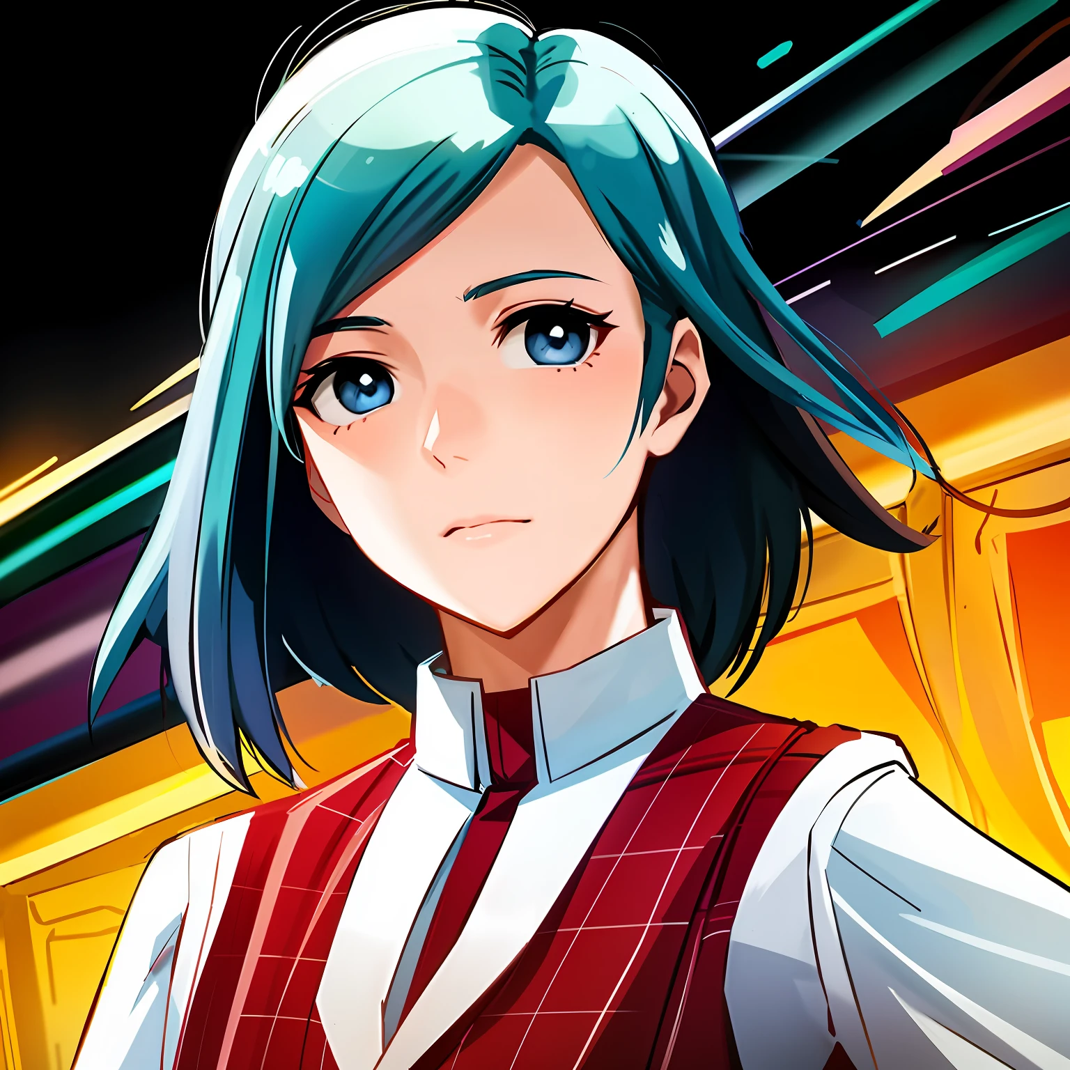 Anime girl with blue hair and a red vest standing in front of a train, portrait anime space cadet girl, portrait knights of zodiac girl, VA-11 Hall-A, Wataru Kajika, Fubuki, Arte Oficial, Yoh Yoshinari, Shiro Takatani, crisp clear rpg portrait, Tsukasa Dokite, arte oficial